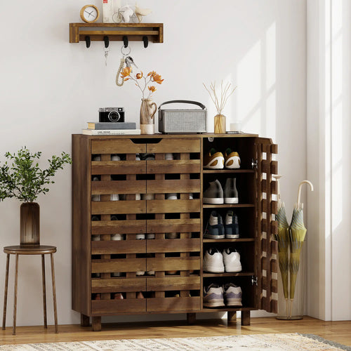 Shoe Cabinet, 21 Pair Storage, Hollowed-Out Doors, Distressed Brown