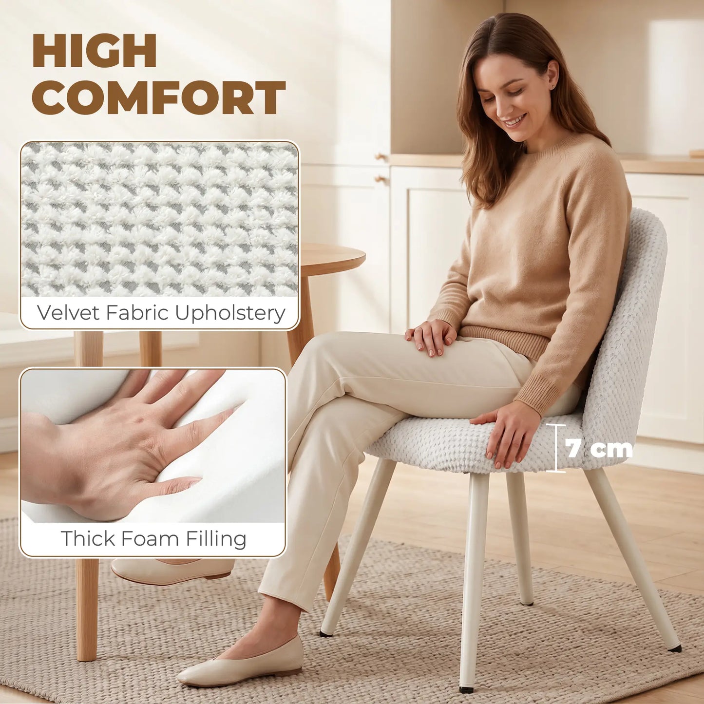 Velvet Upholstered Dining Chairs Set Of 2, Metal Legs, White
