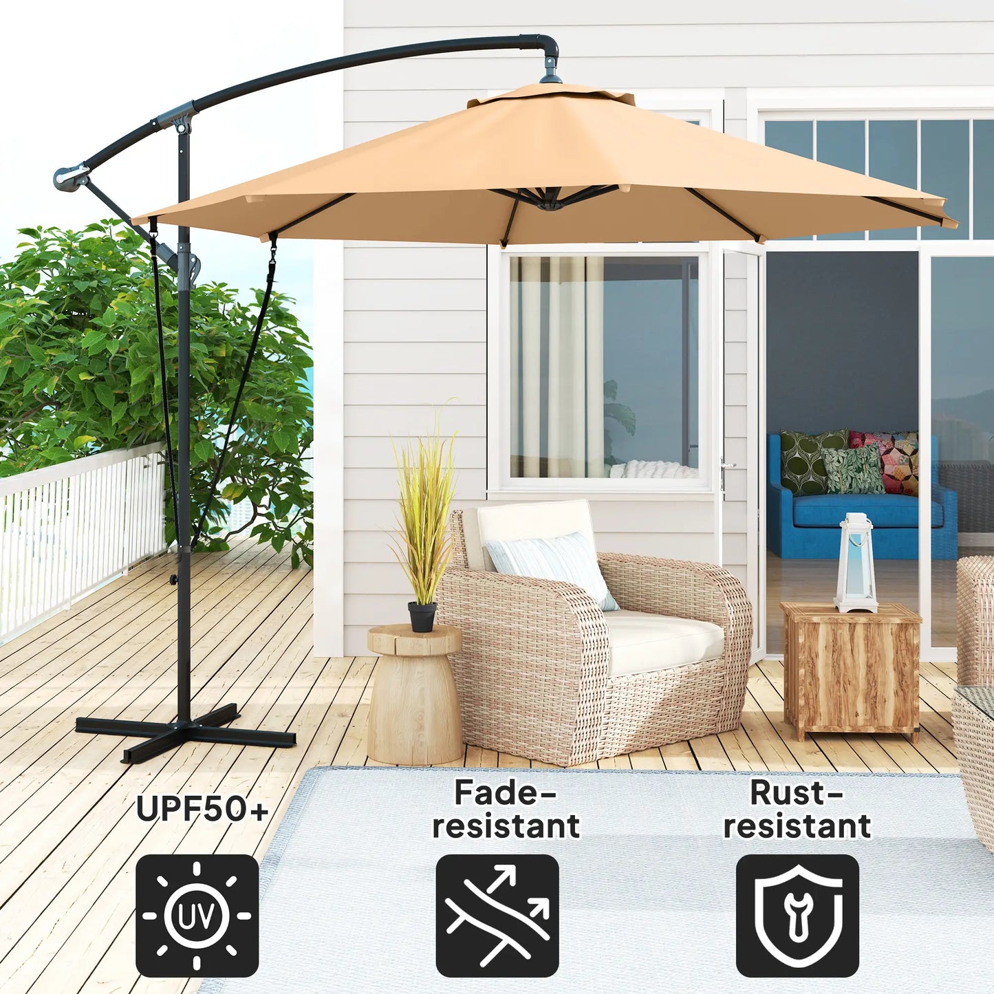 9.5' Cantilever Umbrella With Wind Strap, Cover, Crank, Cross Base, Khaki Offset Cantilever Umbrellas at Gallery Canada