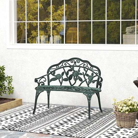 40" Outdoor Garden Bench, Cast Aluminum Antique Rose, Green Outdoor Benches Antique Green at Gallery Canada