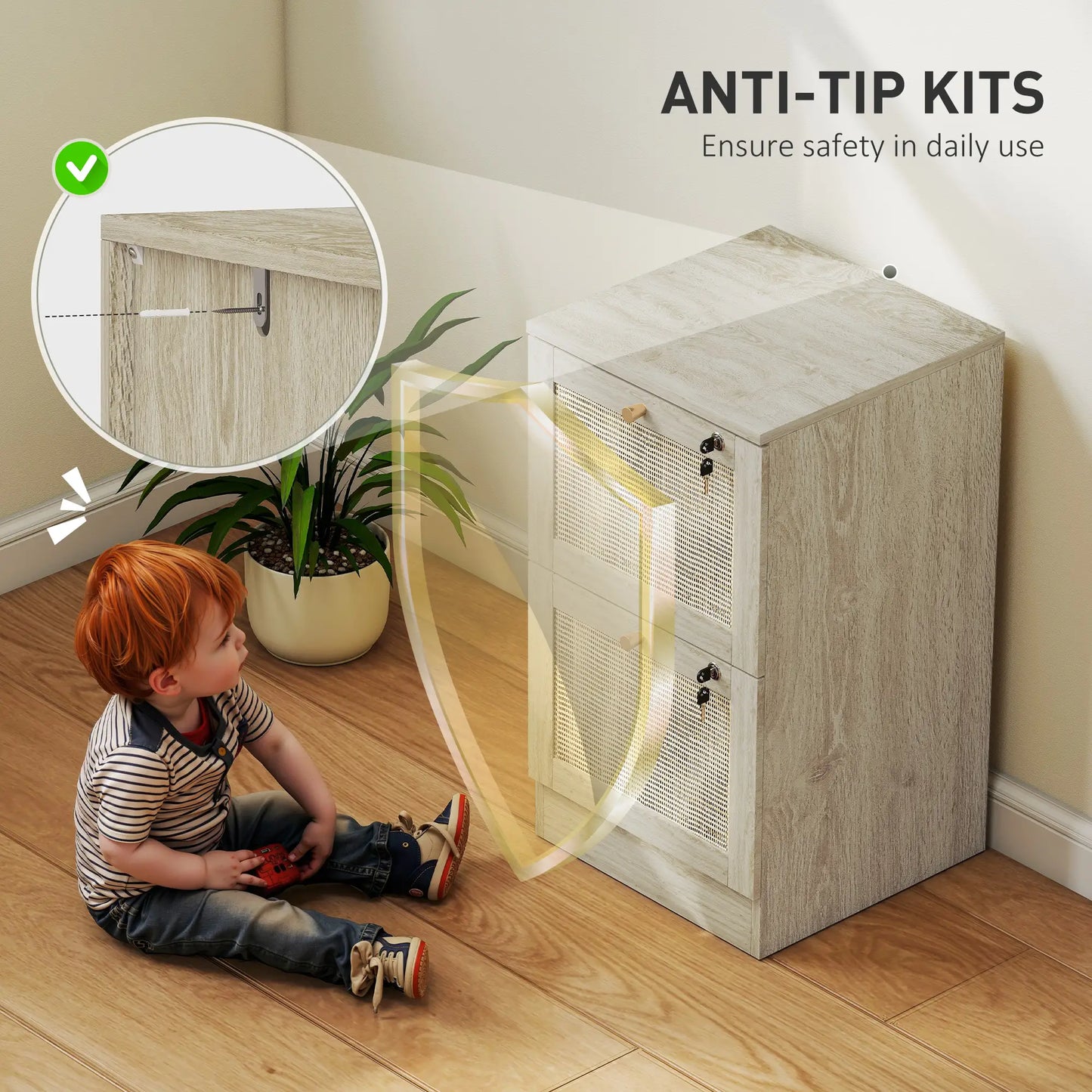 2 Drawer Filing Cabinet with Lock, Boho Style, A4 Letter Size, Oak Office Cabinets & Cupboards at Gallery Canada