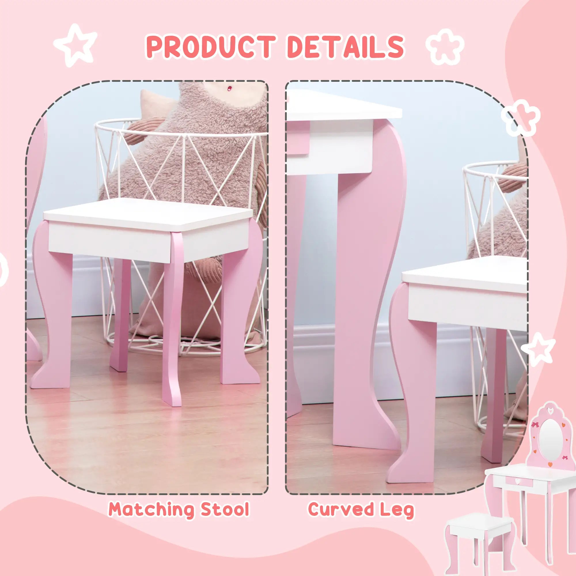 Kids Vanity Table Chair Set, Dressing Set with Mirror Drawer, 3-6 Years, Pink Kids Bedroom Furniture at Gallery Canada