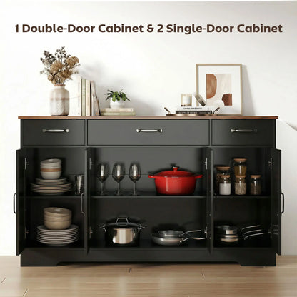 55" Sideboard Buffet Cabinet, Farmhouse Kitchen, 4 Barn Doors, 3 Drawers, Black Bar Cabinets at Gallery Canada