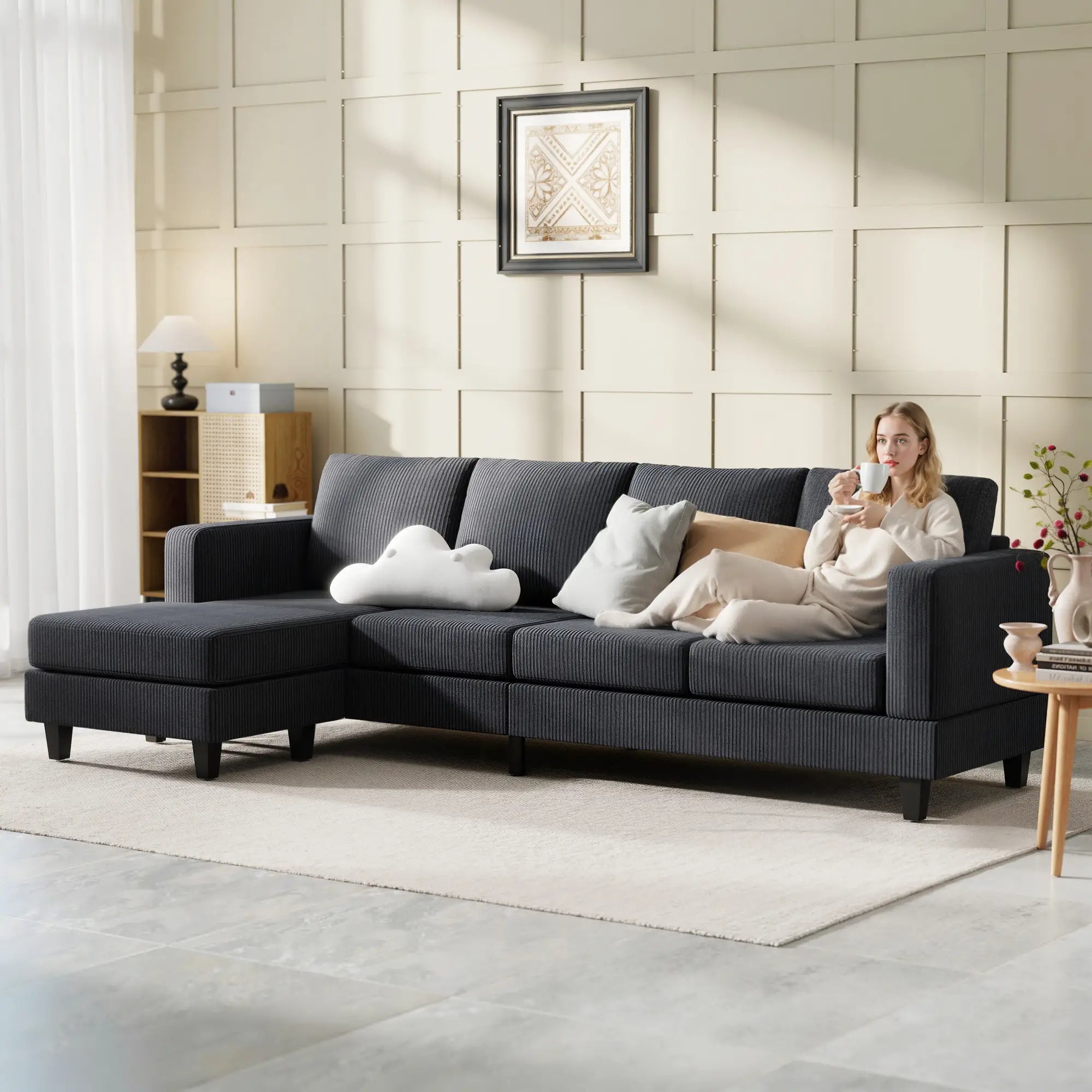 L Shaped Couch with Chaise Lounge, Spring Cushion, Charcoal Grey 3-Seater Sofas at Gallery Canada