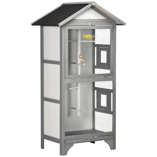 Wooden Bird Aviary Parrot Cage Pet Furniture with Removable Bottom Tray, 2 Doors, Asphalt Roof, 4 Perches, Light Grey - Gallery Canada