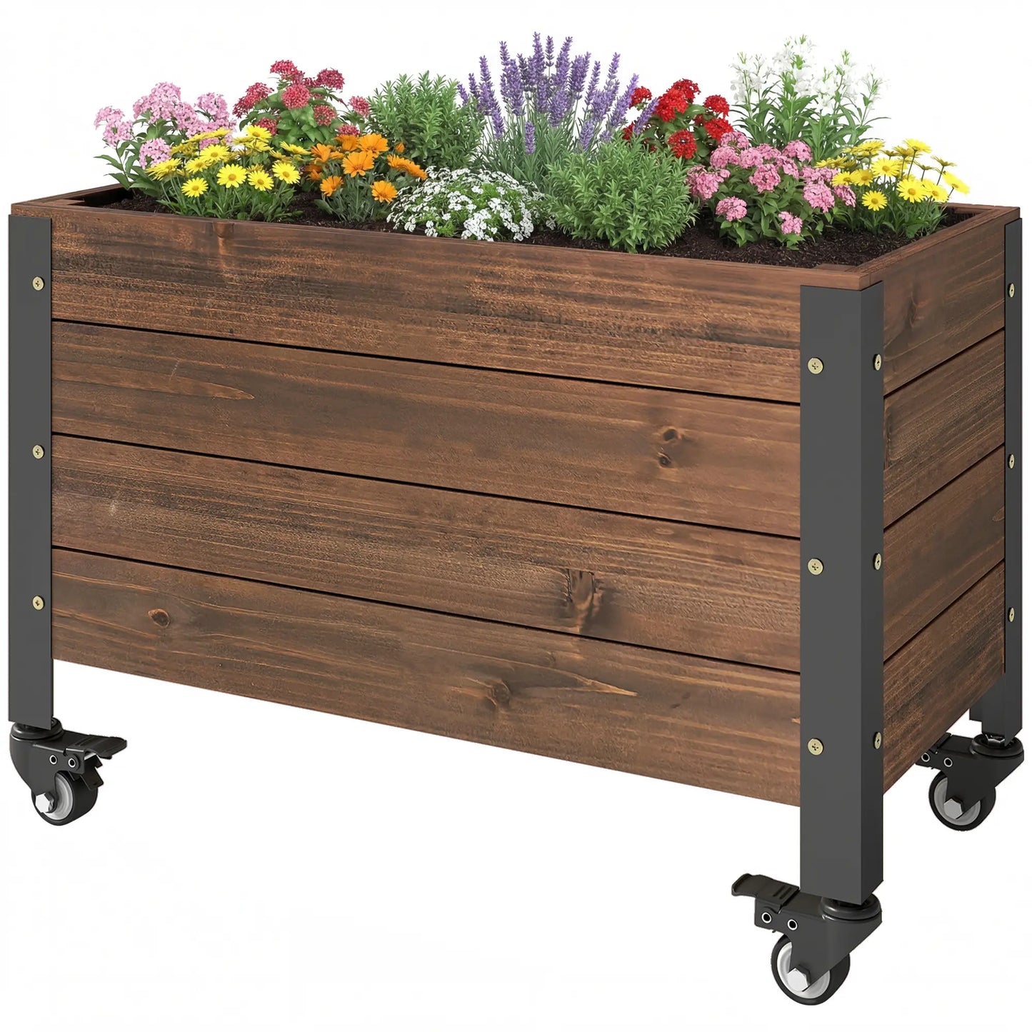 Raised Garden Bed With Wheels, Drainage Holes, Planter Box With Liner Wooden Planter Boxes Dark Brown at Gallery Canada