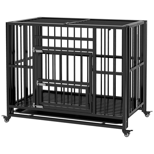 37" Heavy Duty Dog Crate, Foldable Dog Cage on Wheels with Double Locks, Removable Tray, Openable Top, Double Doors, Indoor Outdoor Use, for Small and Medium Dogs - Black - Gallery Canada