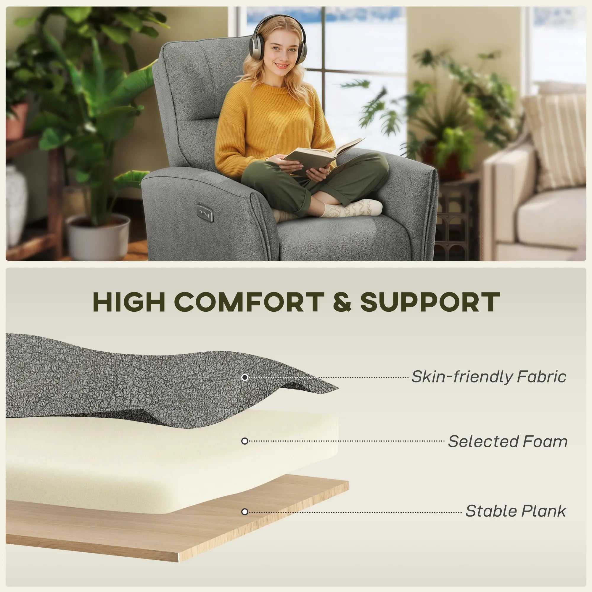 Fabric Recliner Chair, USB Ports, Footrest, Grey Sofas & Reclining Chairs at Gallery Canada