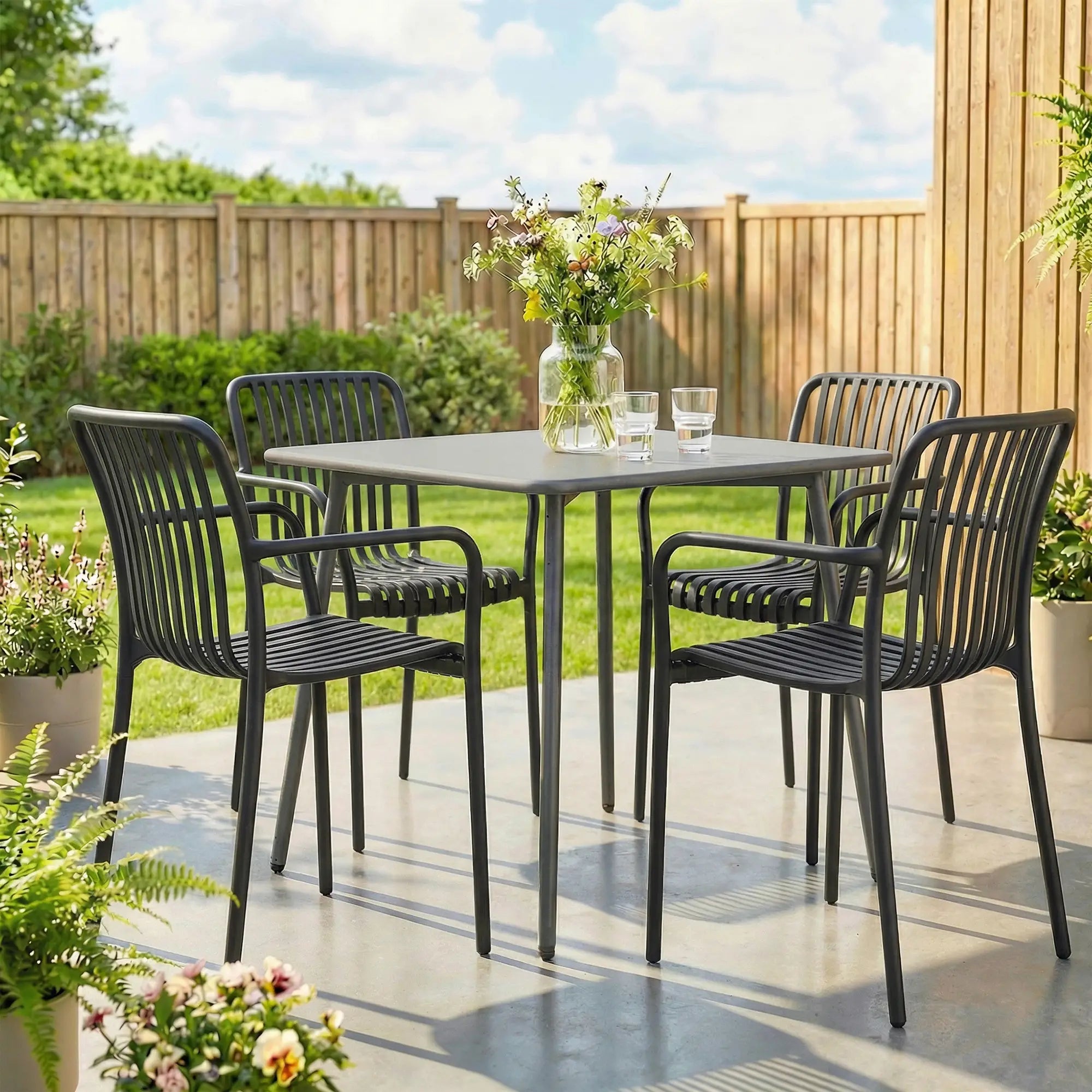 Stackable Patio Chairs Set of 4, Outdoor Dining, Black Patio Chairs at Gallery Canada