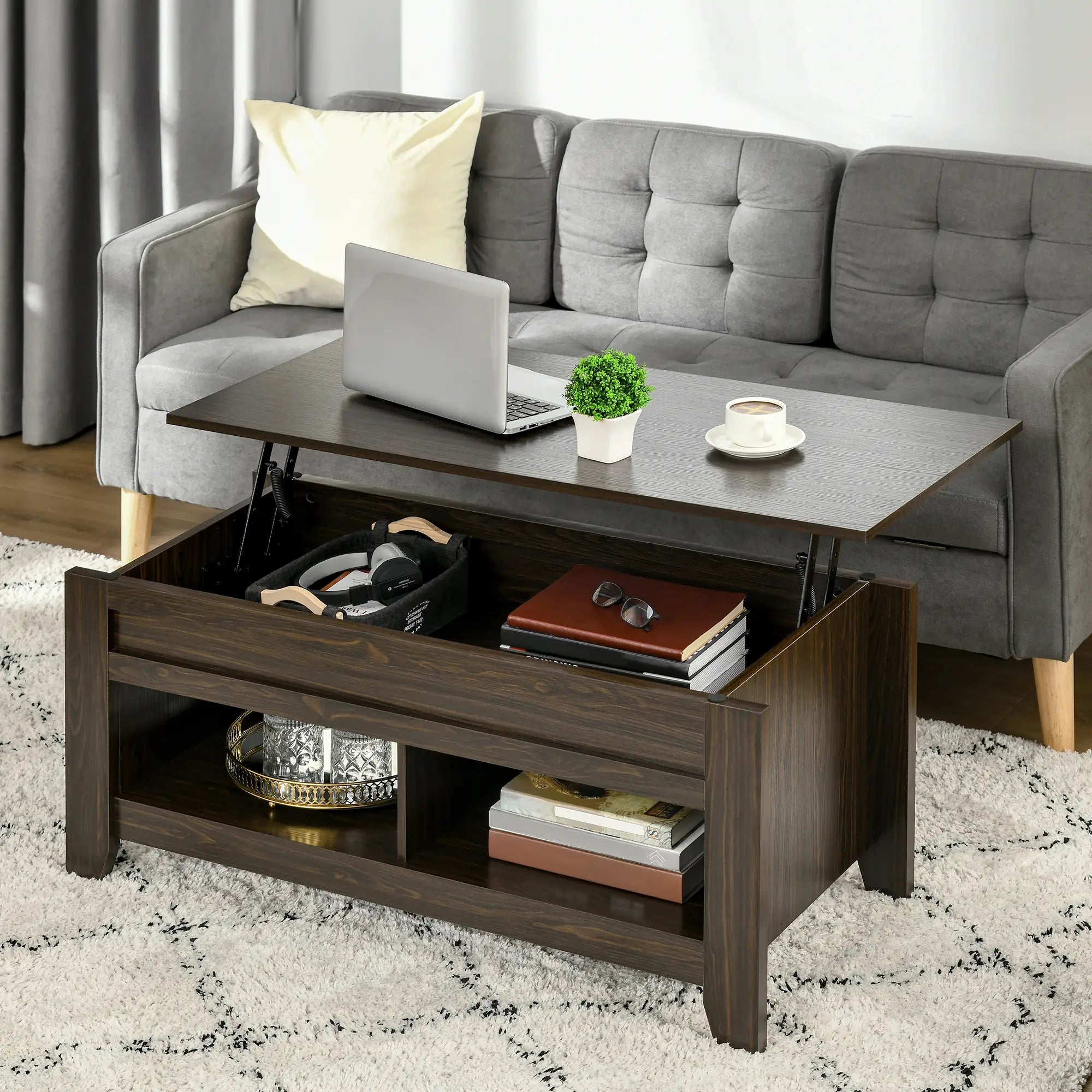Lift Top Coffee Table, Hidden Storage, Open Shelves, Dark Walnut Coffee Tables at Gallery Canada