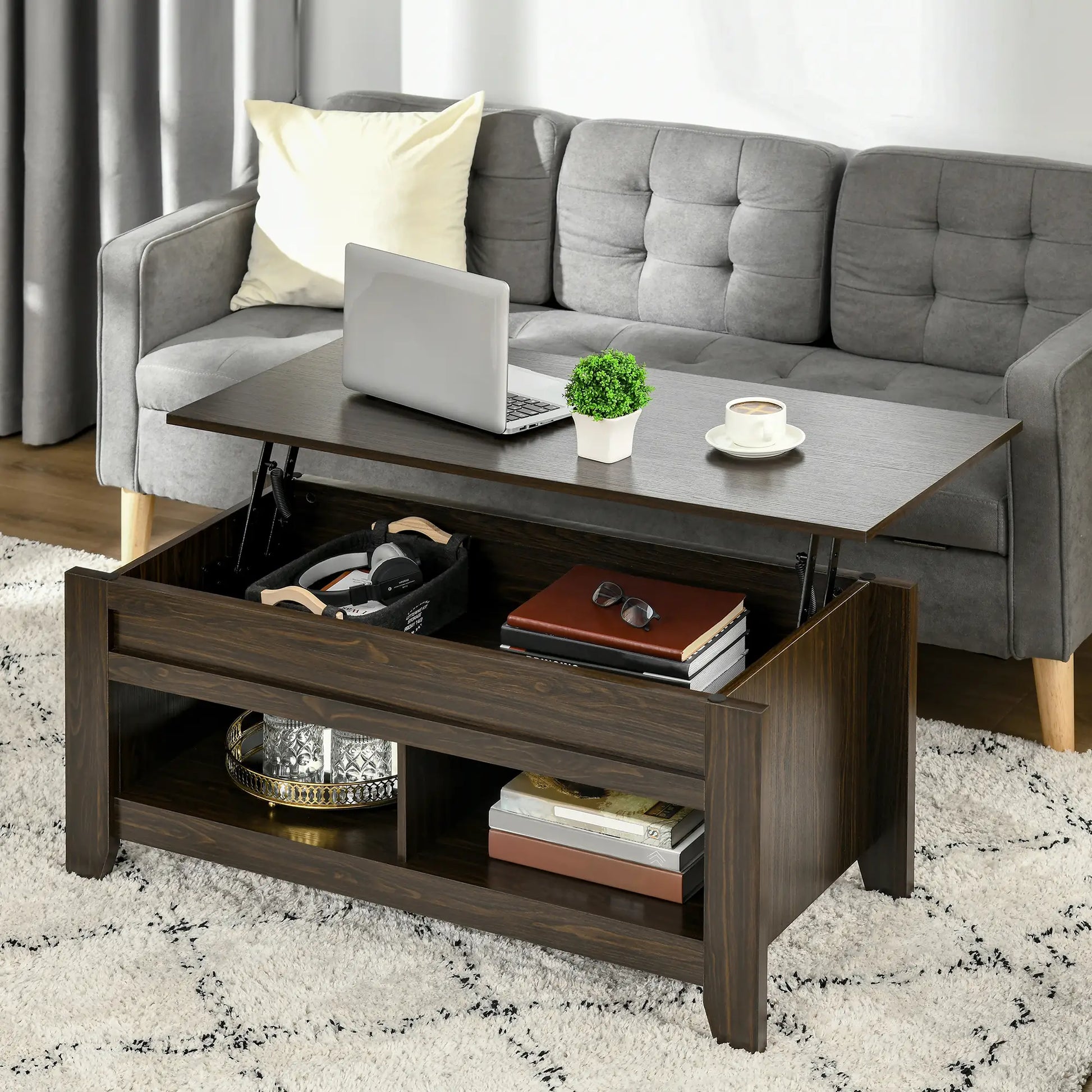 Lift Top Coffee Table, Hidden Storage, Open Shelves, Dark Walnut Coffee Tables at Gallery Canada