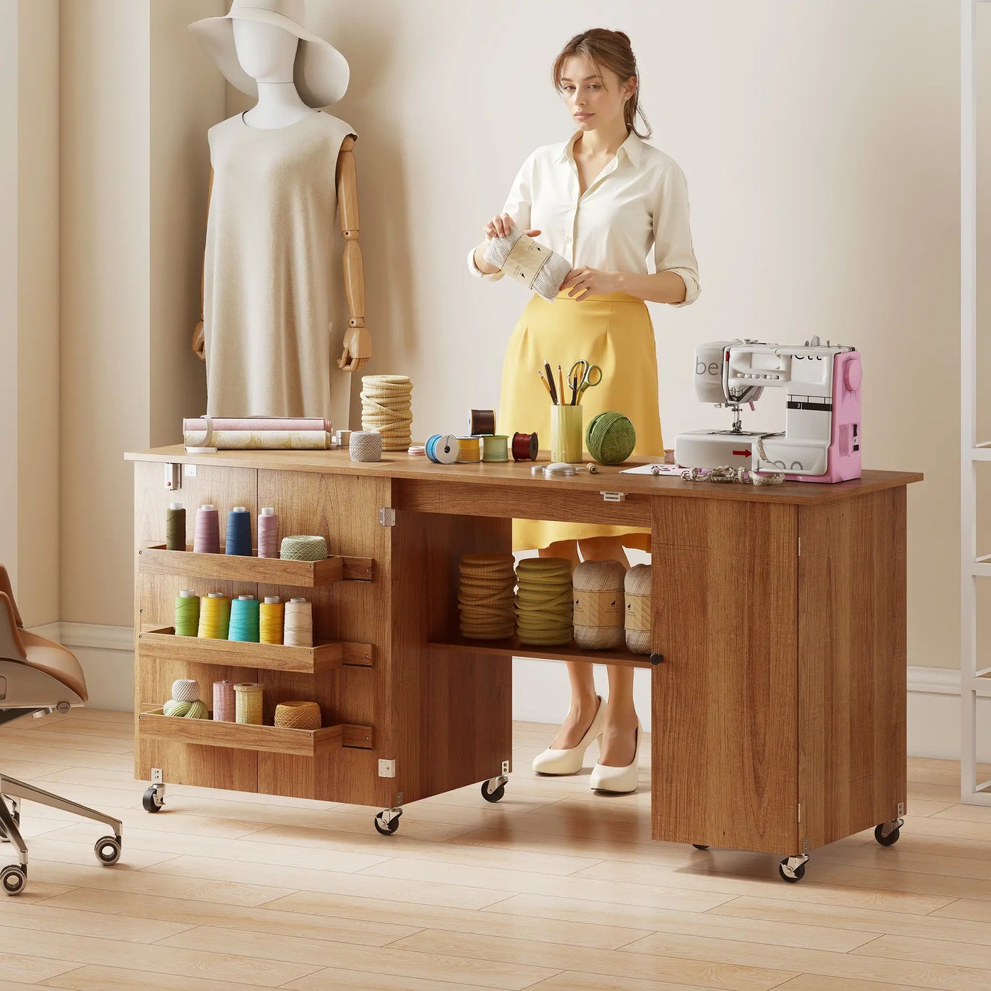Sewing Machine Table, Drop Leaf, 2 Doors, Adjustable Shelf, Brown Sewing Cabinets at Gallery Canada