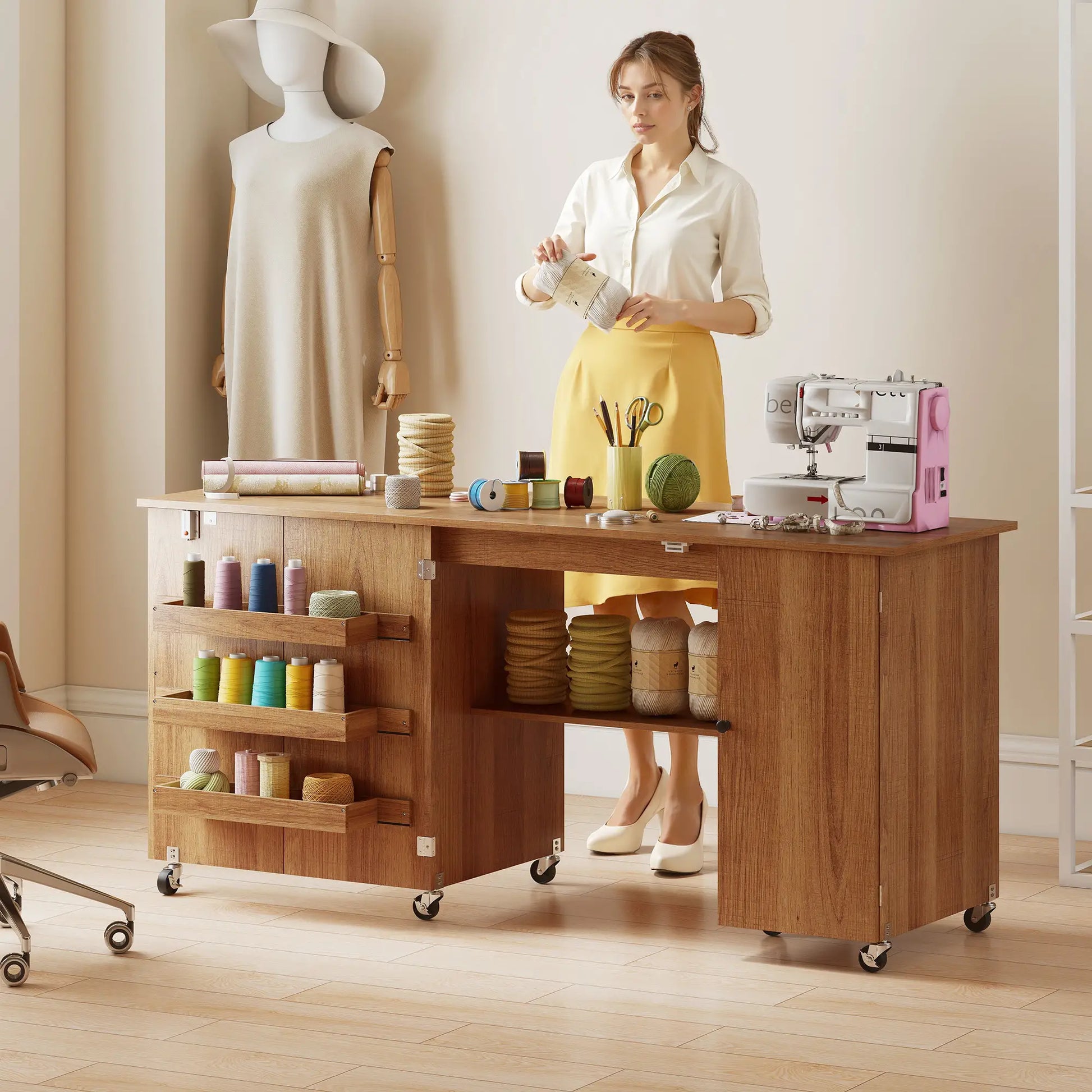 Sewing Machine Table, Drop Leaf, 2 Doors, Adjustable Shelf, Brown Sewing Cabinets at Gallery Canada