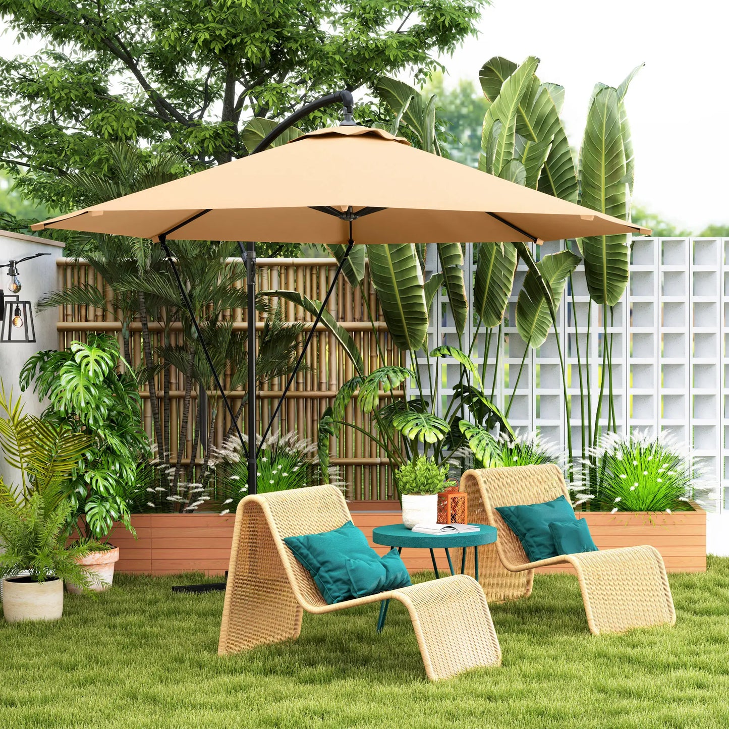 9.5' Cantilever Umbrella With Wind Strap, Cover, Crank, Cross Base, Khaki Offset Cantilever Umbrellas at Gallery Canada