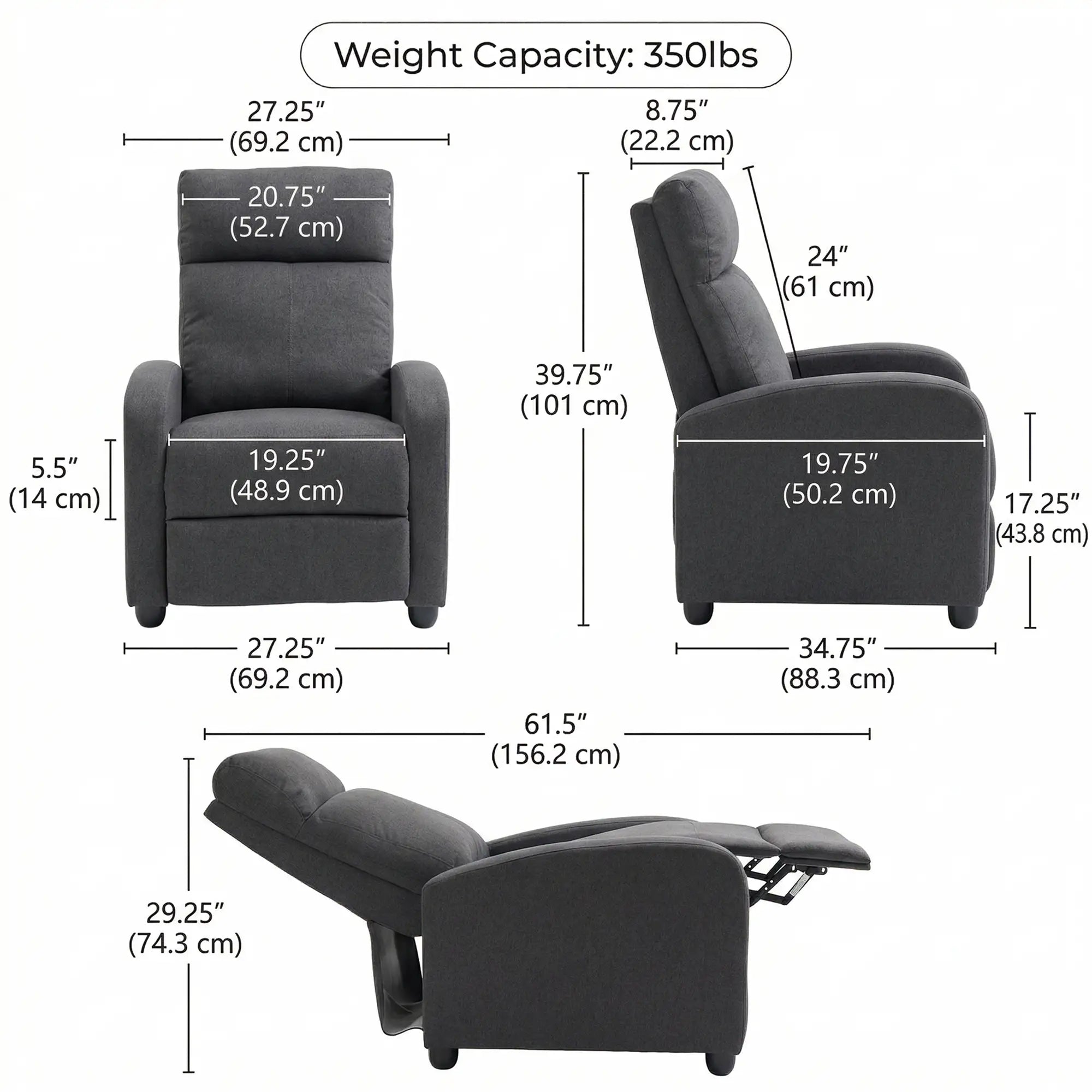 Manual Fabric Recliner Chair, Home Theater Seating, Dark Grey Single Sofas at Gallery Canada