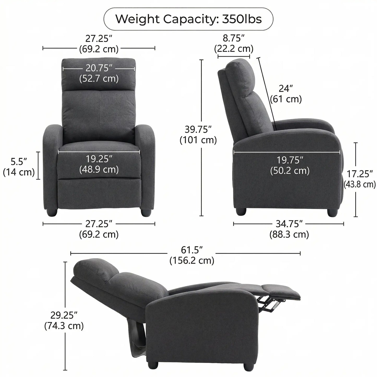 Manual Fabric Recliner Chair, Home Theater Seating, Dark Grey Single Sofas at Gallery Canada