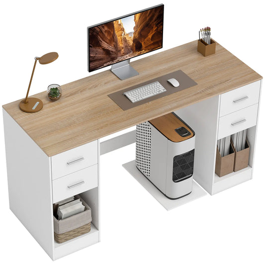 55 Inch Office Desk, White Wood Grain, 4 Reversible Drawers, Adjustable Shelf, White Computer Desks White Wood Grain, Natural at Gallery Canada