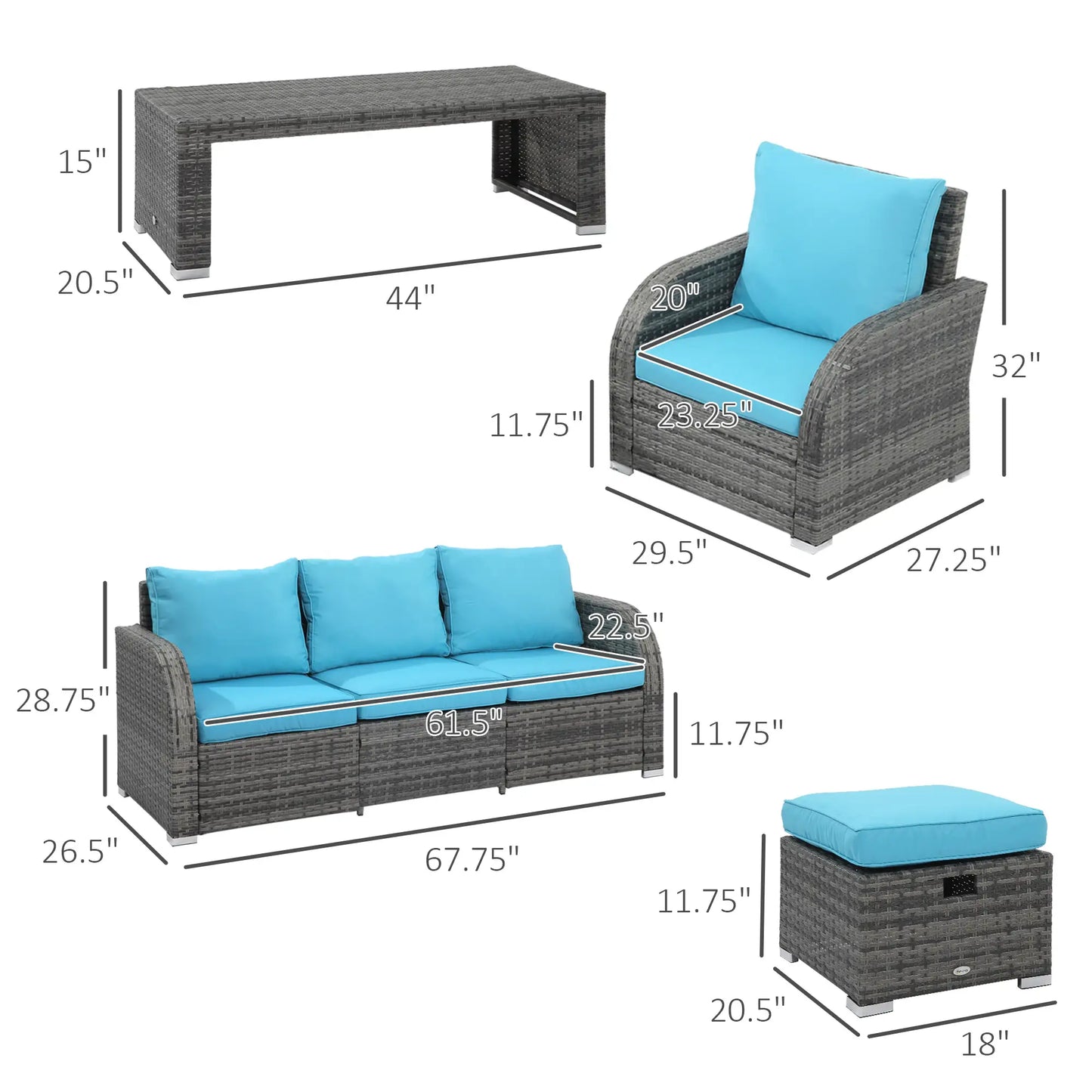 6-Piece Patio Furniture Set, Wicker Sectional Sofa, 2 Recliners, 2 Footstools, Table, Sky Blue Patio Furniture Sets at Gallery Canada