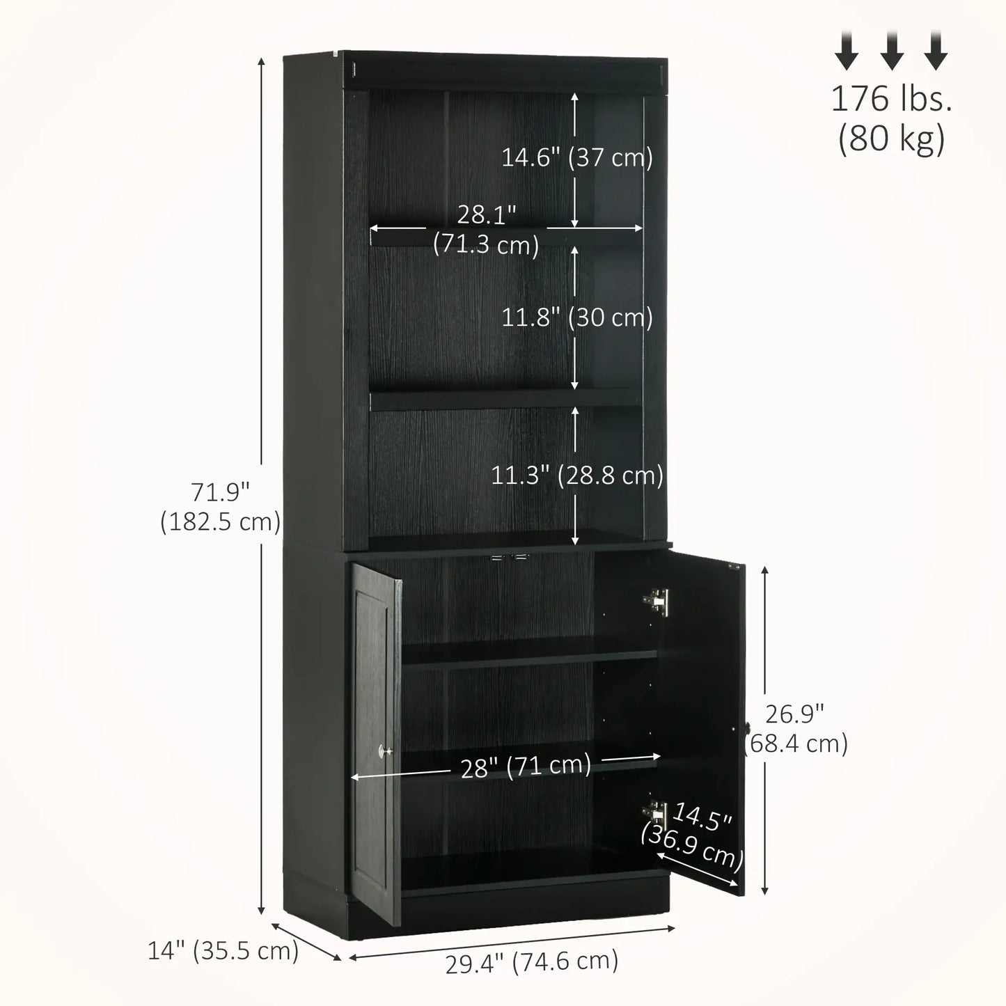 72" Kitchen Buffet with Hutch, Freestanding Cupboard, Pantry, Wood Grain, Black Kitchen Pantry Cabinets at Gallery Canada