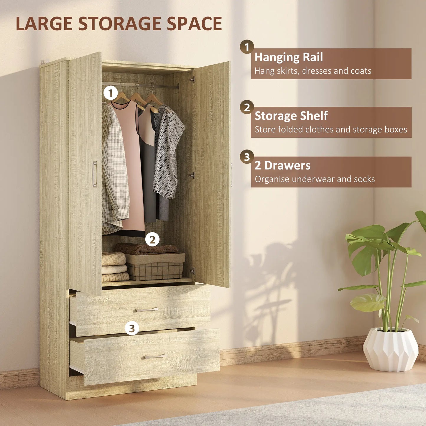 Wardrobe Closet, Hanging Rod, 2 Doors, 2 Drawers, Oak Clothing Storage at Gallery Canada