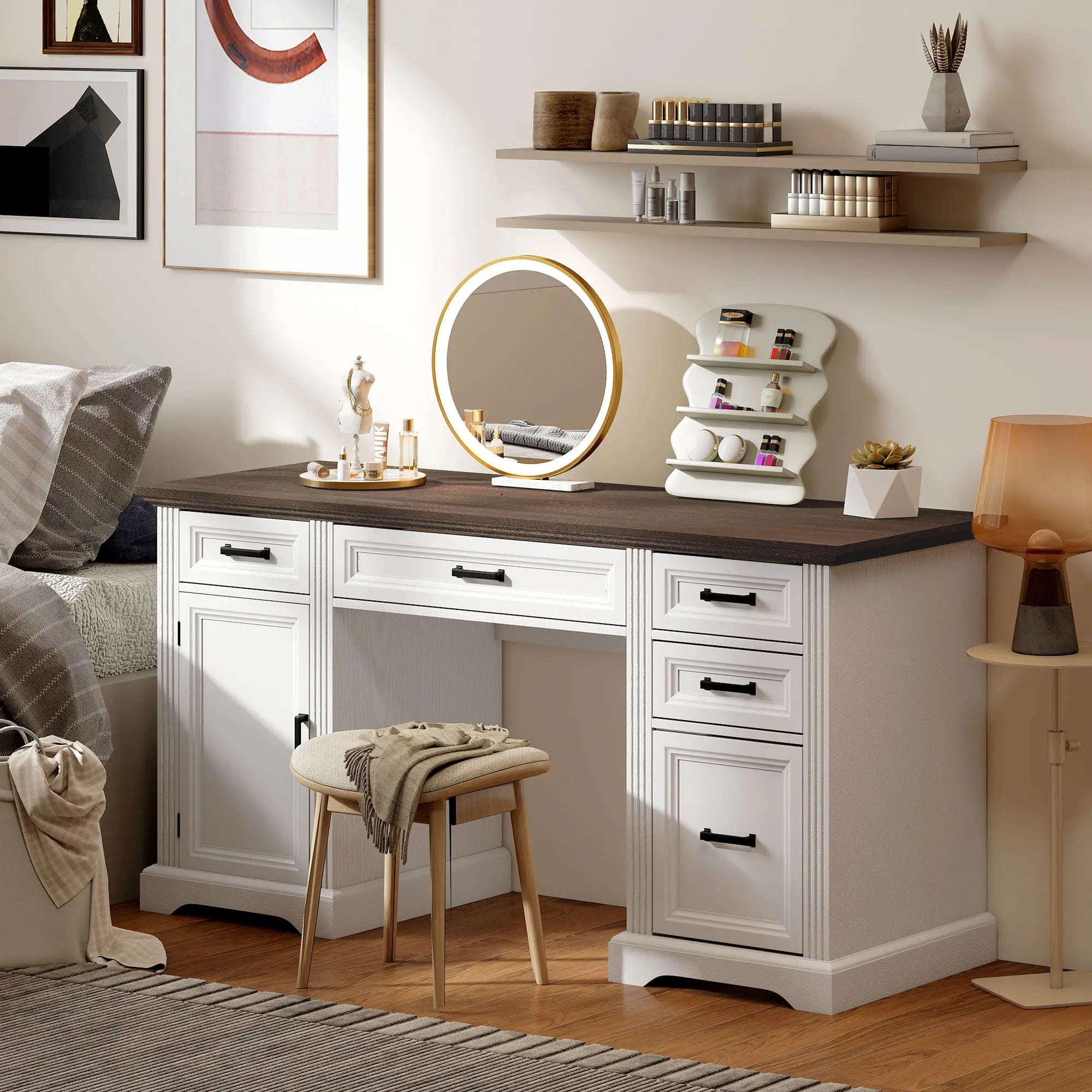 58 Inch Home Office Desk, Farmhouse Executive Desk with Drawers, White Computer Desks at Gallery Canada