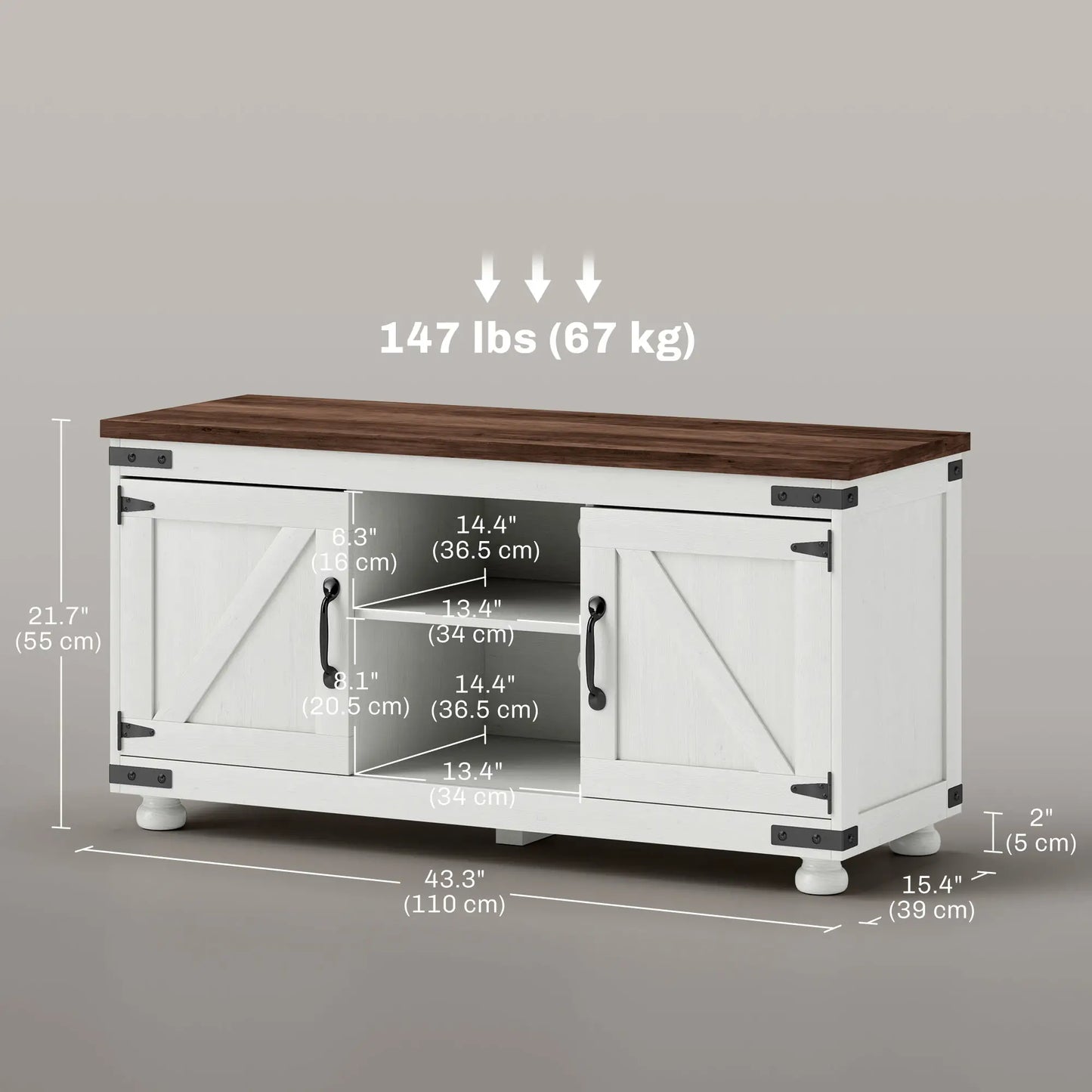 Farmhouse TV Stand for 50" TV, Barn Doors, Cable Management, Distressed White, White TV Stands at Gallery Canada