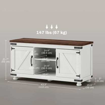 Farmhouse TV Stand for 50" TV, Barn Doors, Cable Management, Distressed White, White TV Stands at Gallery Canada