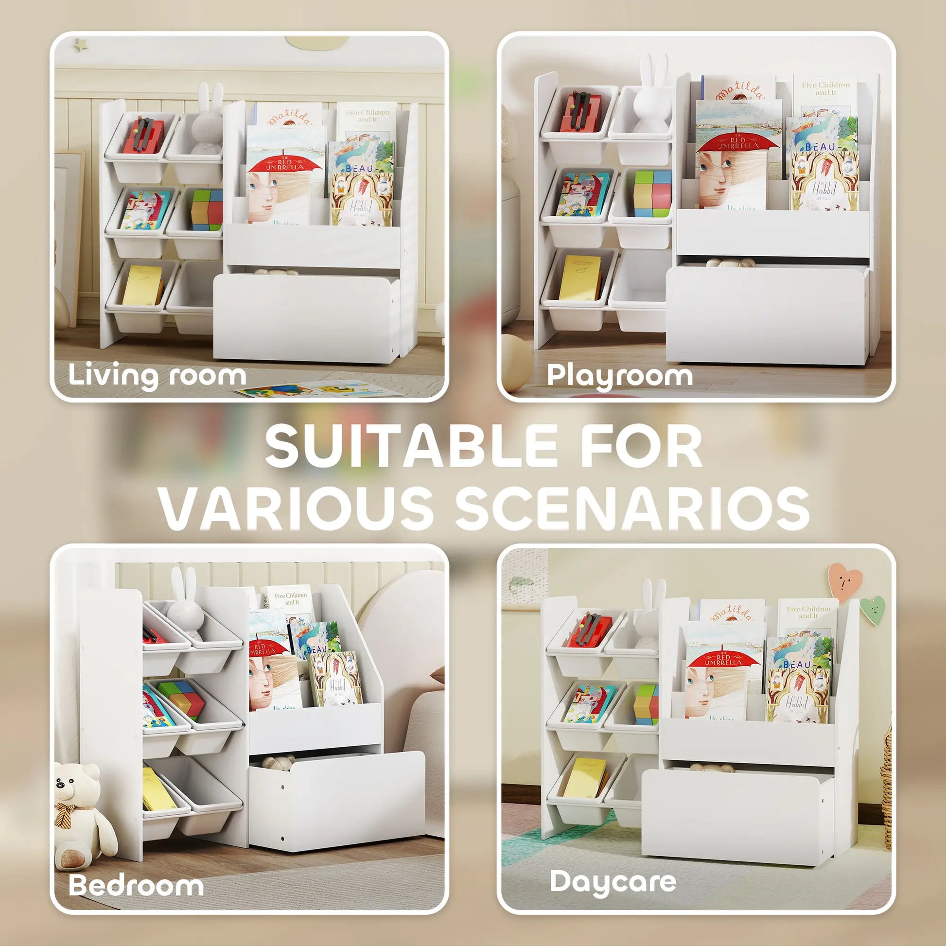 Kids Bookshelf Toy Storage, 3 Tier Bookcase 6 Removable Bins, White Baby & Kids Storage at Gallery Canada