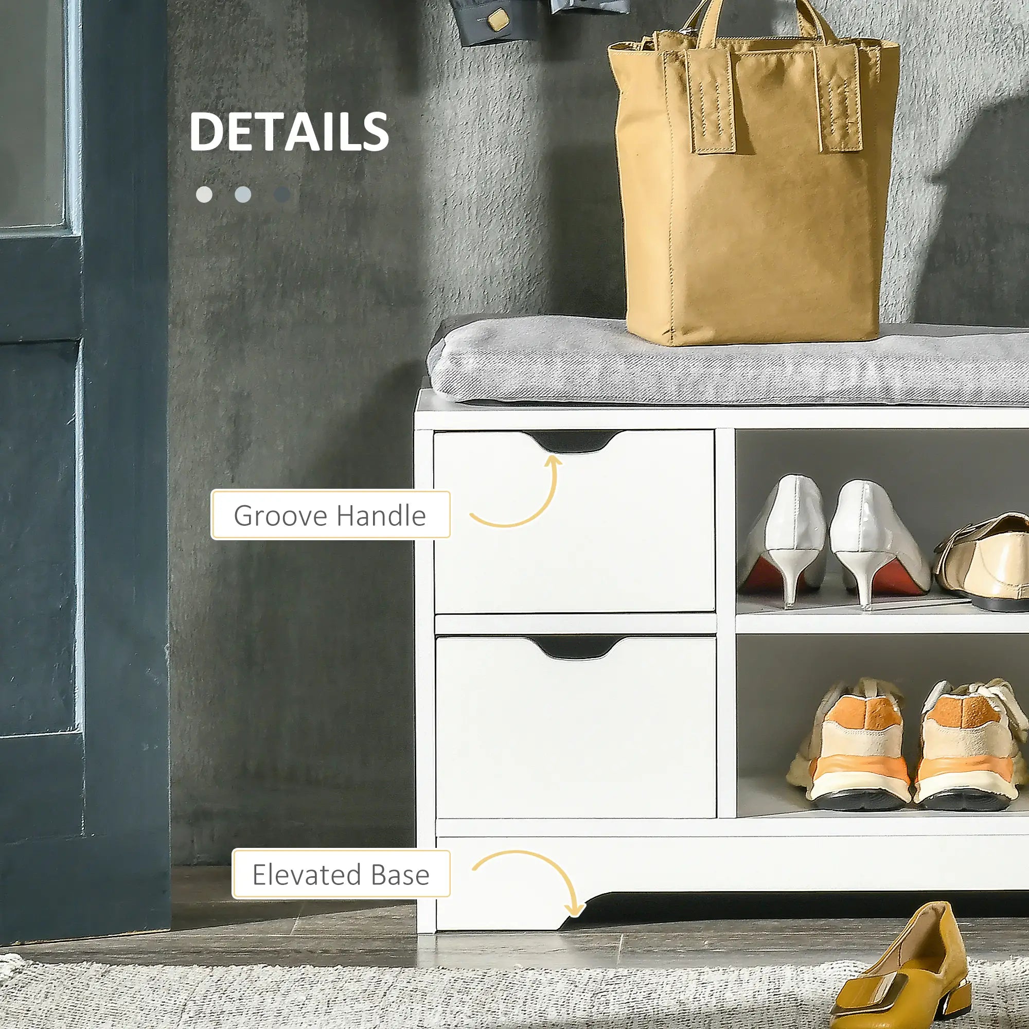 Upholstered Shoe Storage Bench With Seat, Drawer, Open Shelves, White Shoe Storage Cabinets & Racks at Gallery Canada