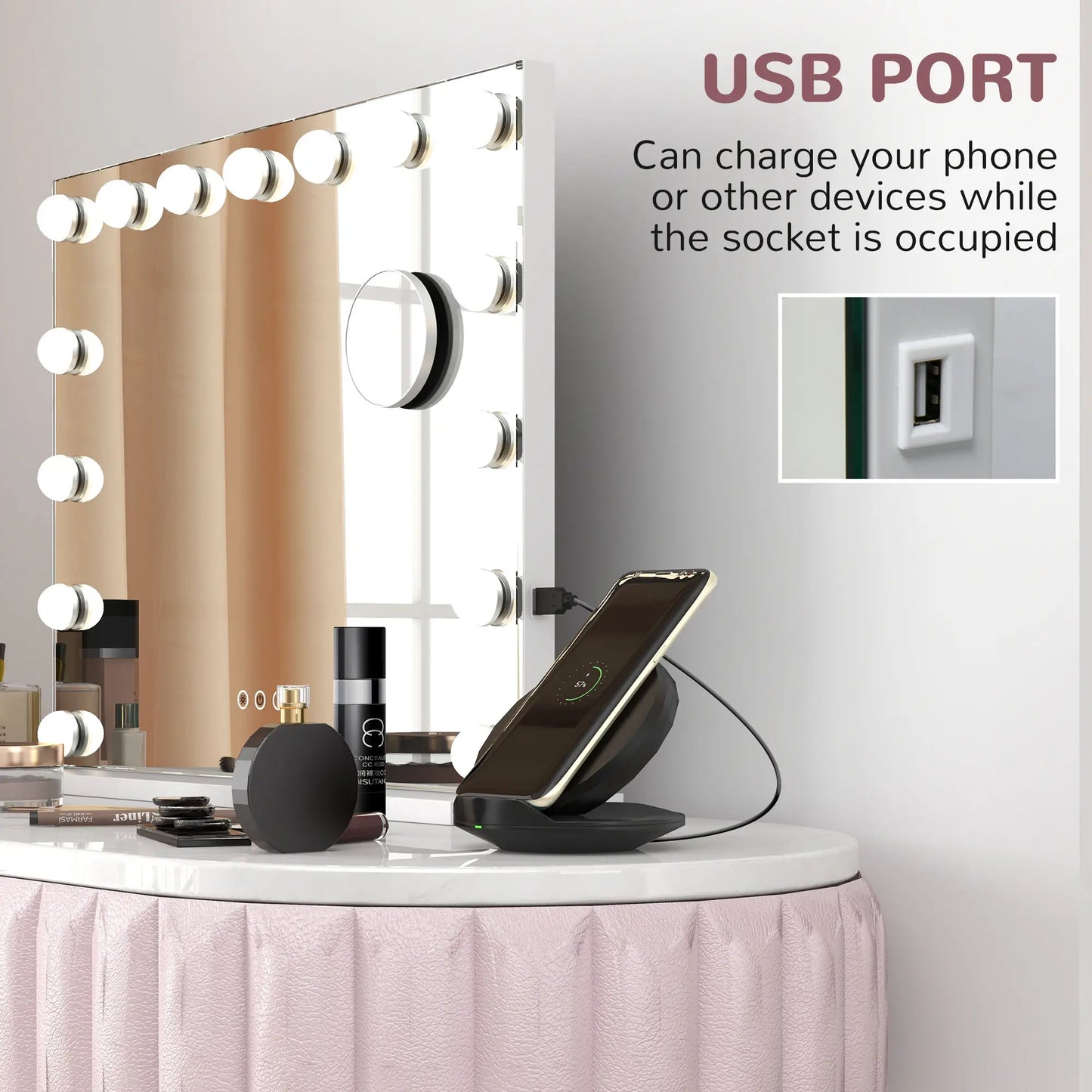 Hollywood Makeup Mirror With Lights, 3 Lighting Modes, USB Charging, White