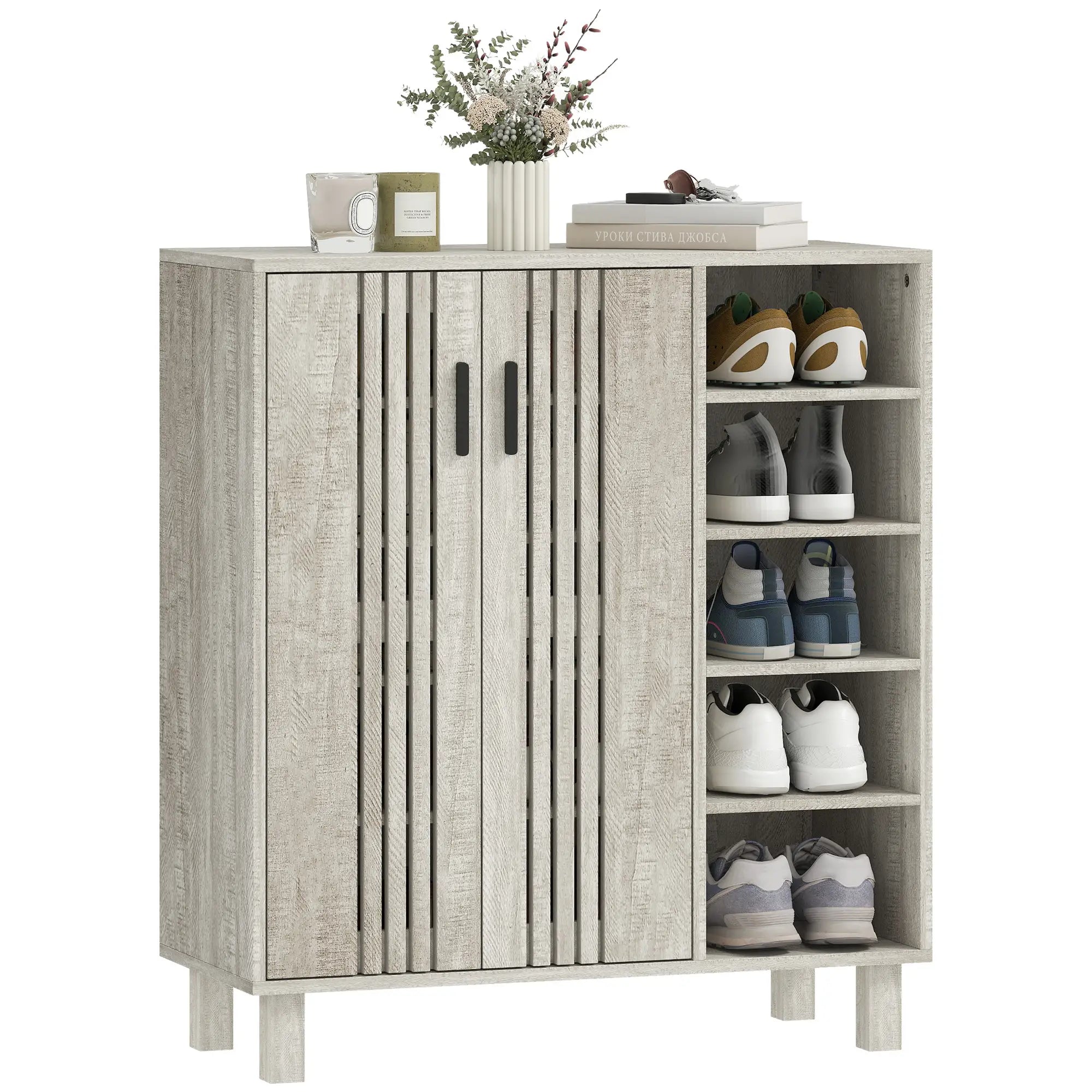 Shoe Storage with Double Doors, Open Shelves, 17 Pair, Light Grey Shoe Storage Cabinets & Racks at Gallery Canada