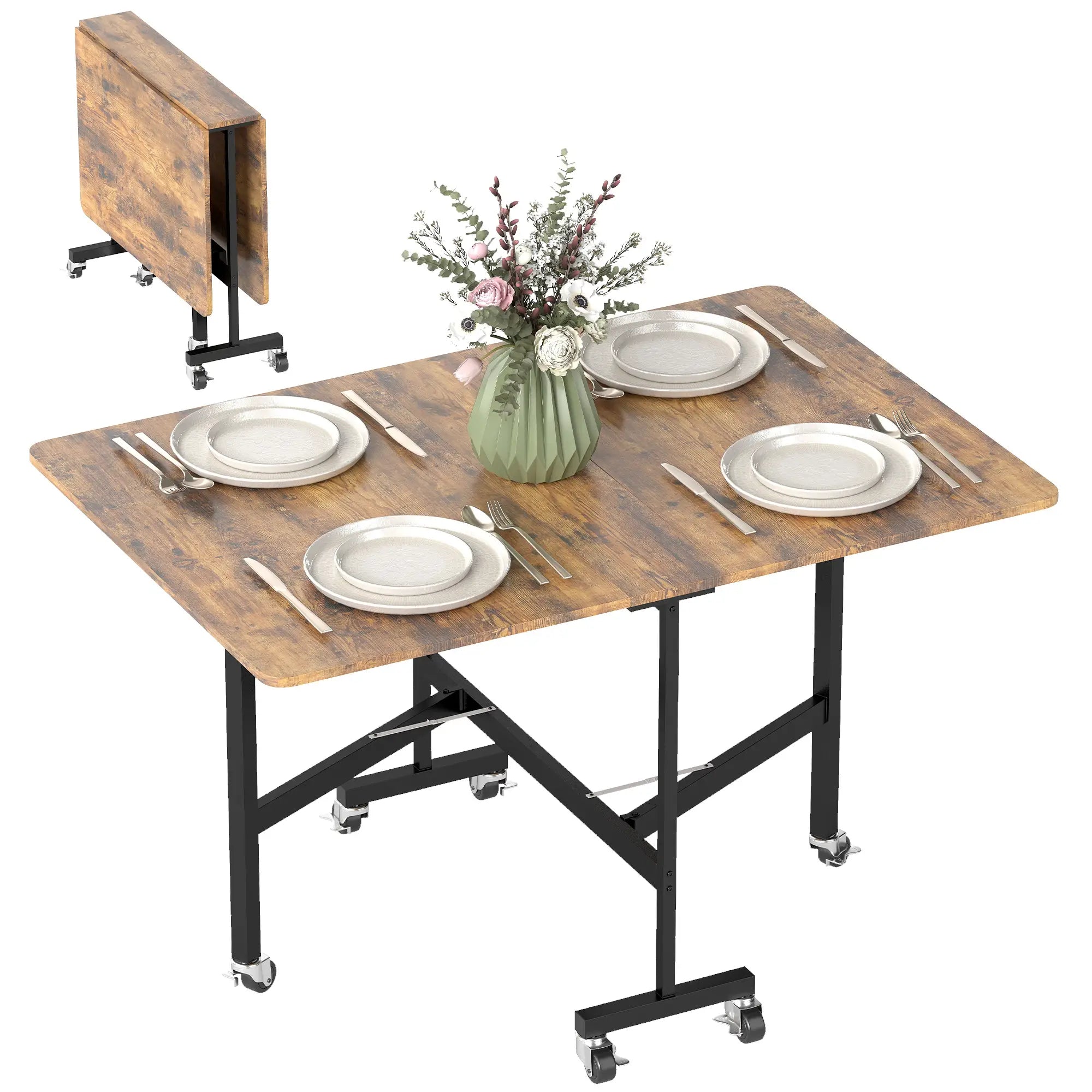 Six-Seater Drop-Leaf Dining Table with Wheels, Rustic Brown Dining Tables at Gallery Canada
