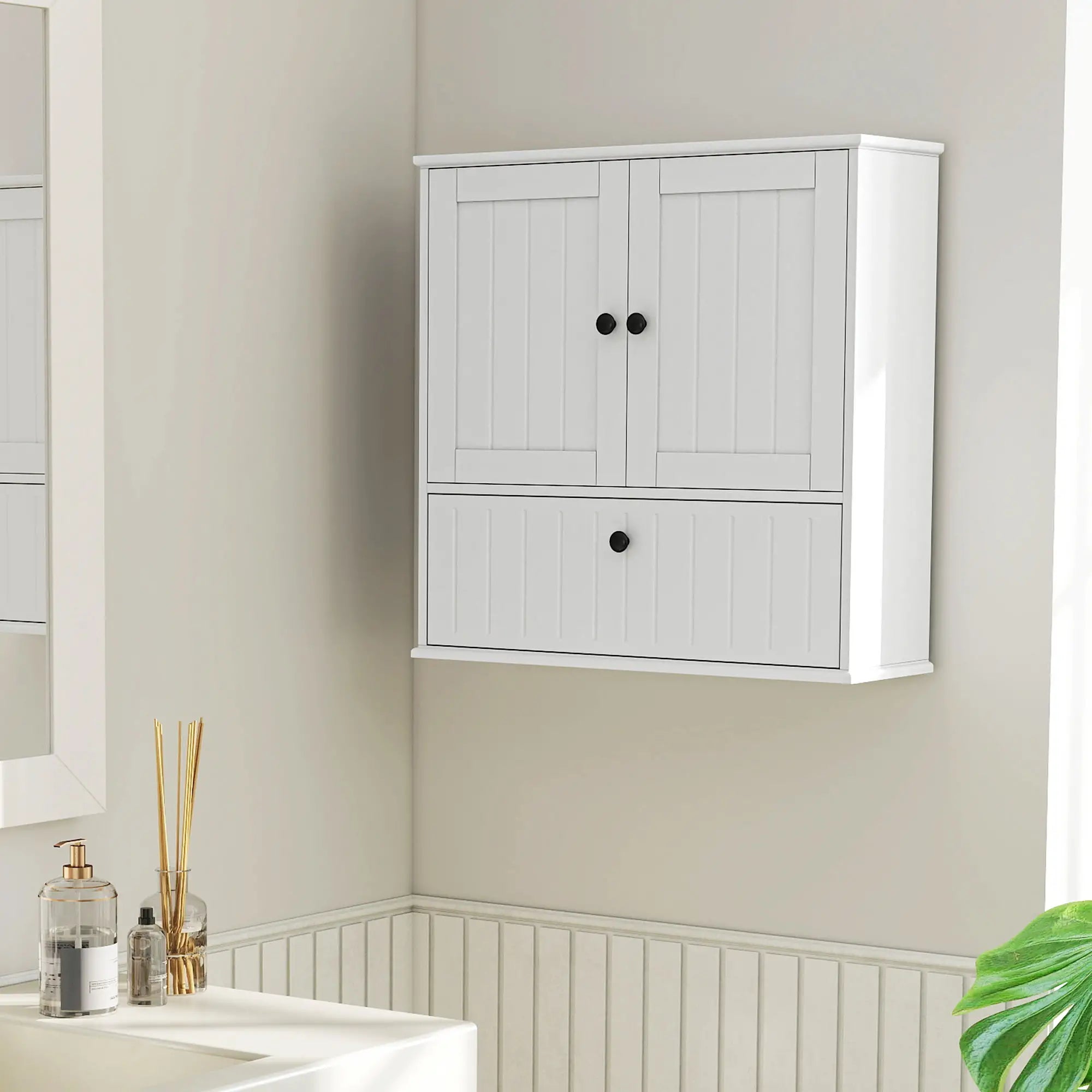 Farmhouse Medicine Cabinet, Adjustable Shelves, Flip-Down Door, White Wall Mounted Cabinets at Gallery Canada