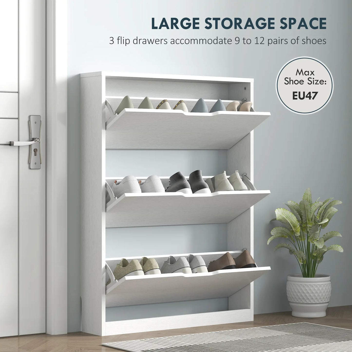 Narrow Shoe Cabinet 3 Flip Drawers, 31.5"W x 6.7"D x 42.5"H, White Shoe Storage Cabinets & Racks at Gallery Canada