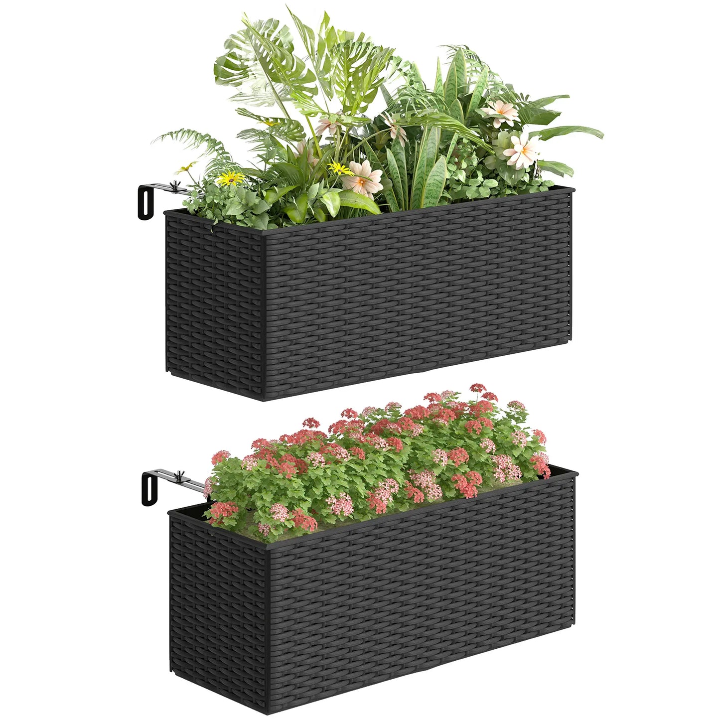 2 Pack 20 Inch Self-Watering Hanging Pots, Railing Planter, Rattan Look, Black Garden Accessories at Gallery Canada