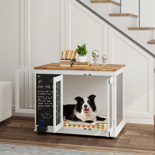 39" Dog Crate Furniture, Side End Table, Large Dogs, Blackboard, 3 Doors, White Houses, Kennels & Pens White at Gallery Canada
