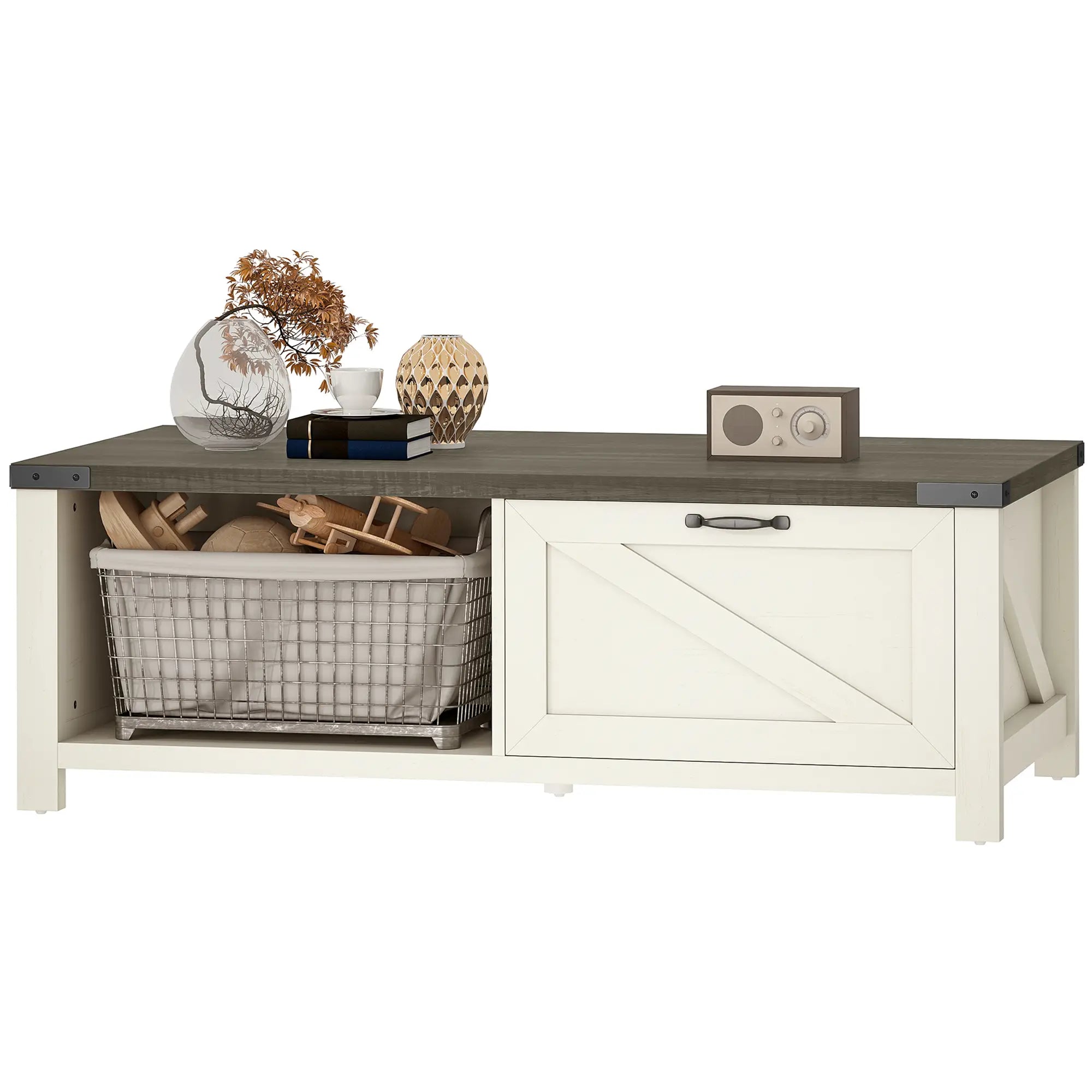 Farmhouse Coffee Table with Drawer, Open Shelf, Distressed White Coffee Tables Distressed Grey, Distressed White at Gallery Canada
