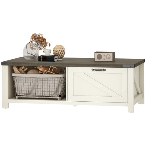 Farmhouse Coffee Table with Drawer, Open Shelf, Distressed White