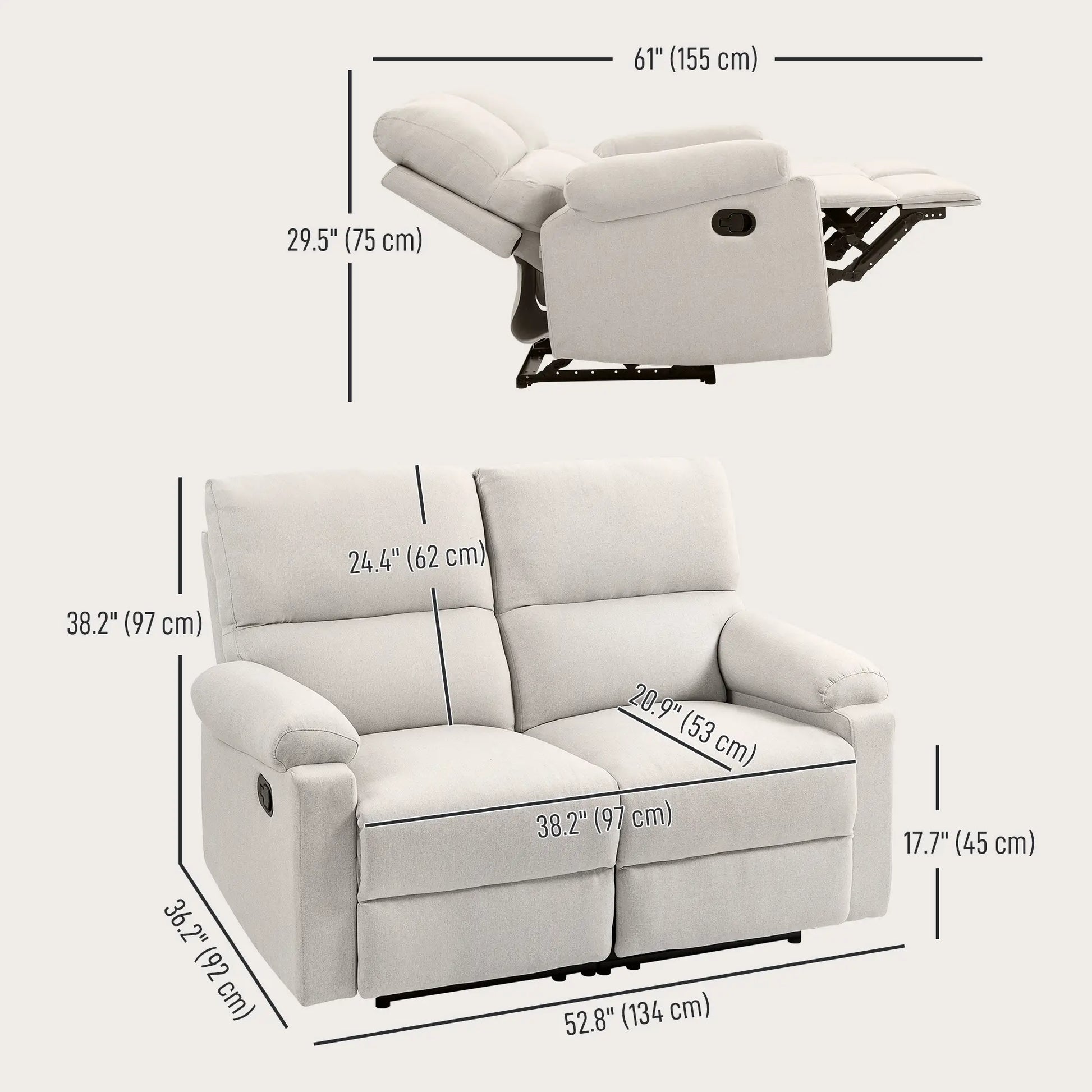 2 Seater Reclining Chair, Loveseat with Footrest, Cream White Sofas & Reclining Chairs at Gallery Canada