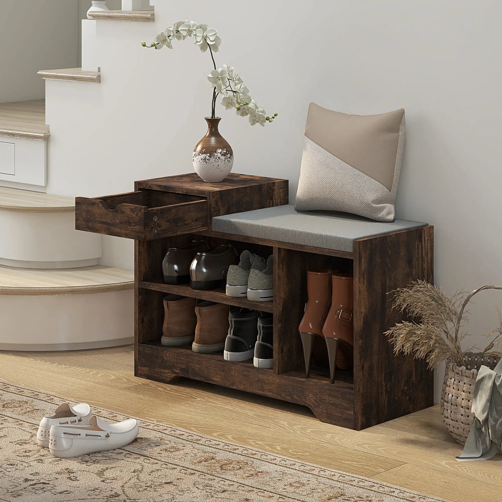 Upholstered Shoe Storage Bench, Seat, Drawer, 3 Shelves, Brown Shoe Storage Cabinets & Racks at Gallery Canada
