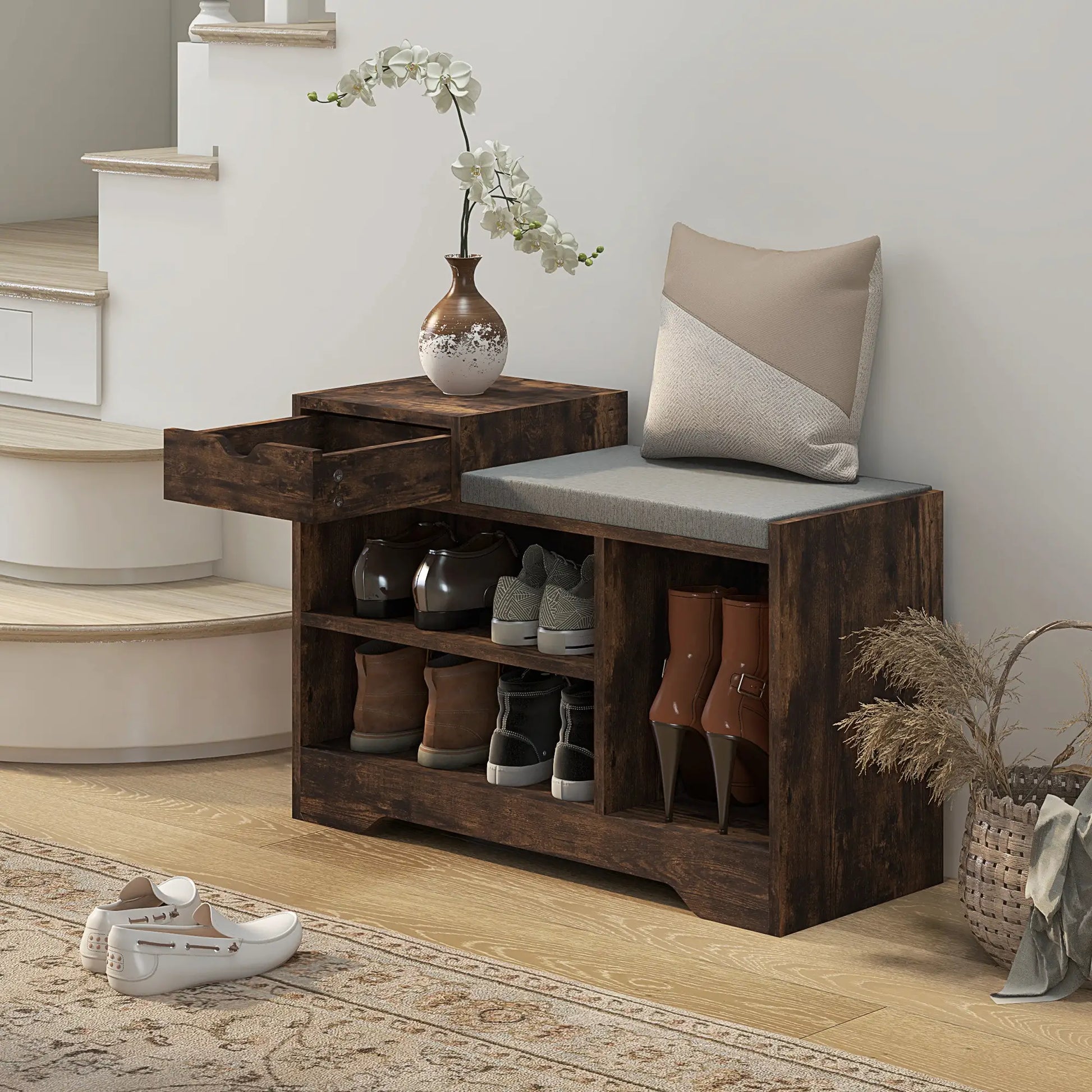 Upholstered Shoe Storage Bench, Seat, Drawer, 3 Shelves, Brown Shoe Storage Cabinets & Racks at Gallery Canada