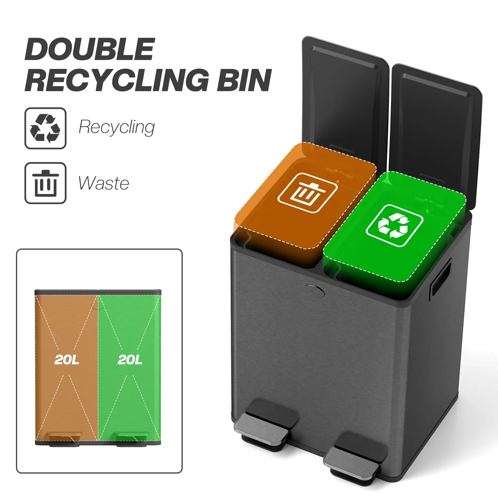 Dual Garbage Bin, Soft Close Trash Can, 2 x 20 Liter, Black Household Supplies at Gallery Canada