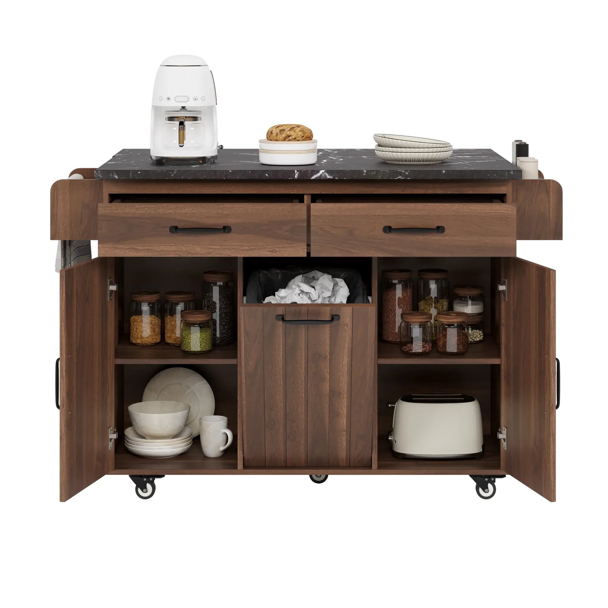 Adjustable Shelf Island, Trash Cabinet, Spice Rack, 51