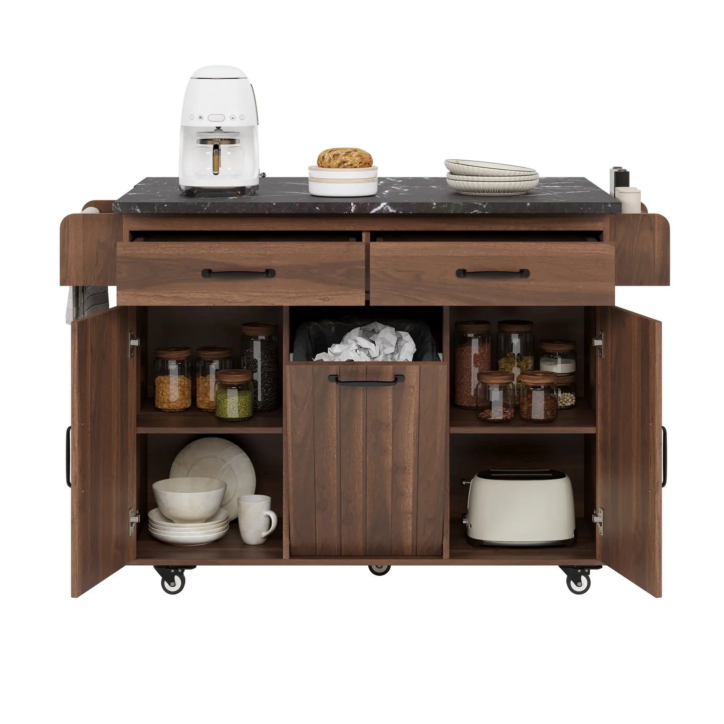 Adjustable Shelf Island, Trash Cabinet, Spice Rack, 51" L x 20" W x 35" H, Walnut Brown Kitchen Islands & Kitchen Carts at Gallery Canada