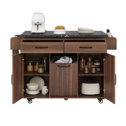 Adjustable Shelf Island, Trash Cabinet, Spice Rack, 51" L x 20" W x 35" H, Walnut Brown Kitchen Islands & Kitchen Carts at Gallery Canada
