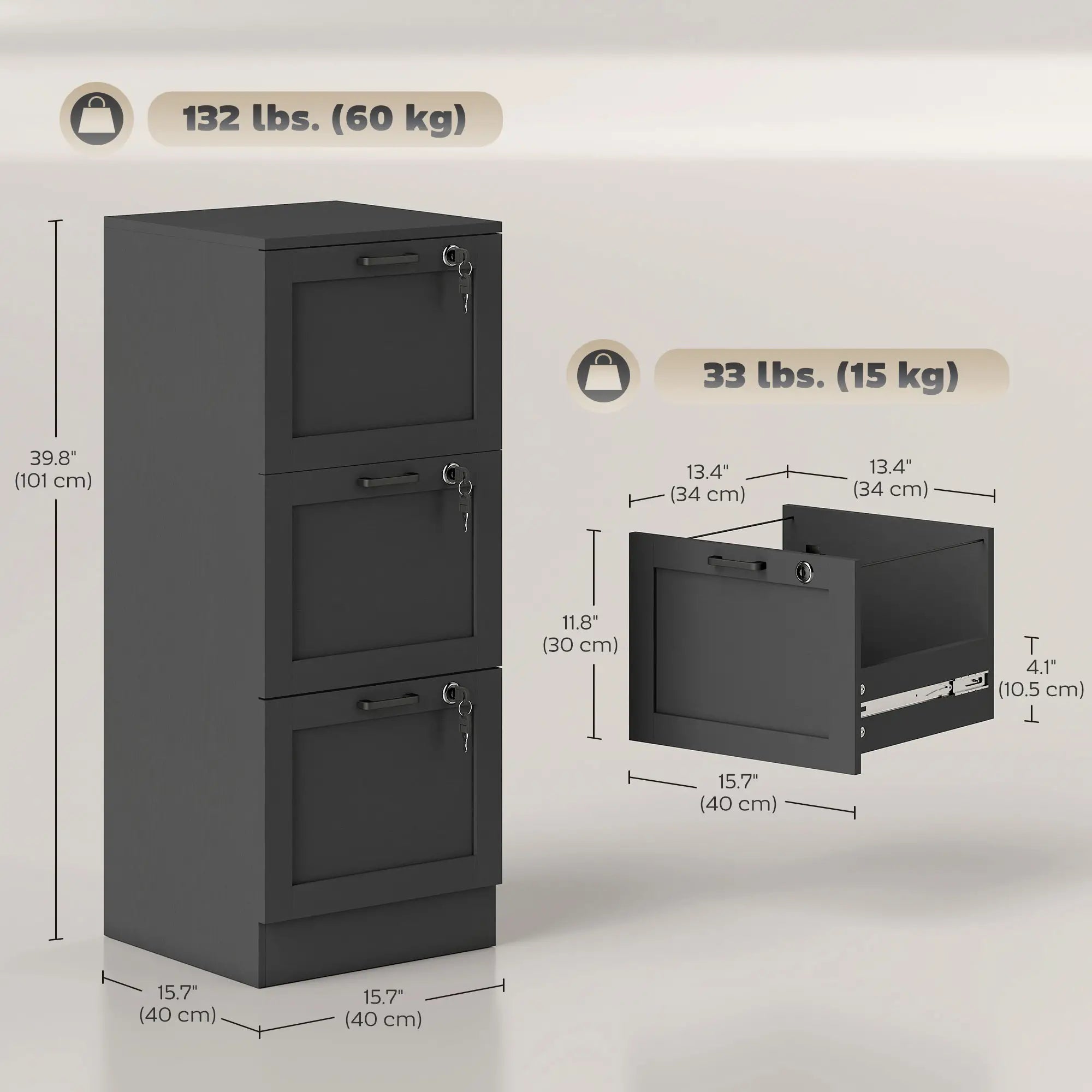 Vertical 3-Drawer Filing Cabinet, Lock, A4 Letter Size, Black Office Cabinets & Cupboards at Gallery Canada