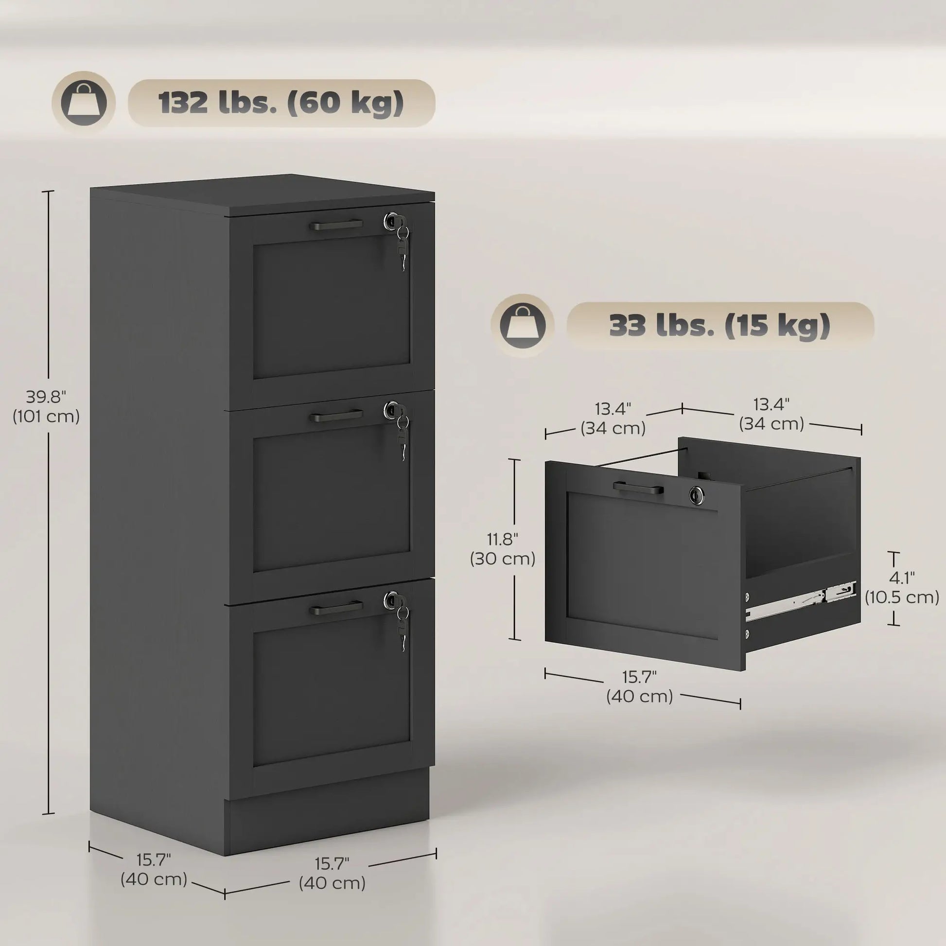 Vertical 3-Drawer Filing Cabinet, Lock, A4 Letter Size, Black Office Cabinets & Cupboards at Gallery Canada