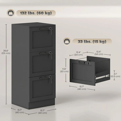 Vertical 3-Drawer Filing Cabinet, Lock, A4 Letter Size, Black Office Cabinets & Cupboards at Gallery Canada