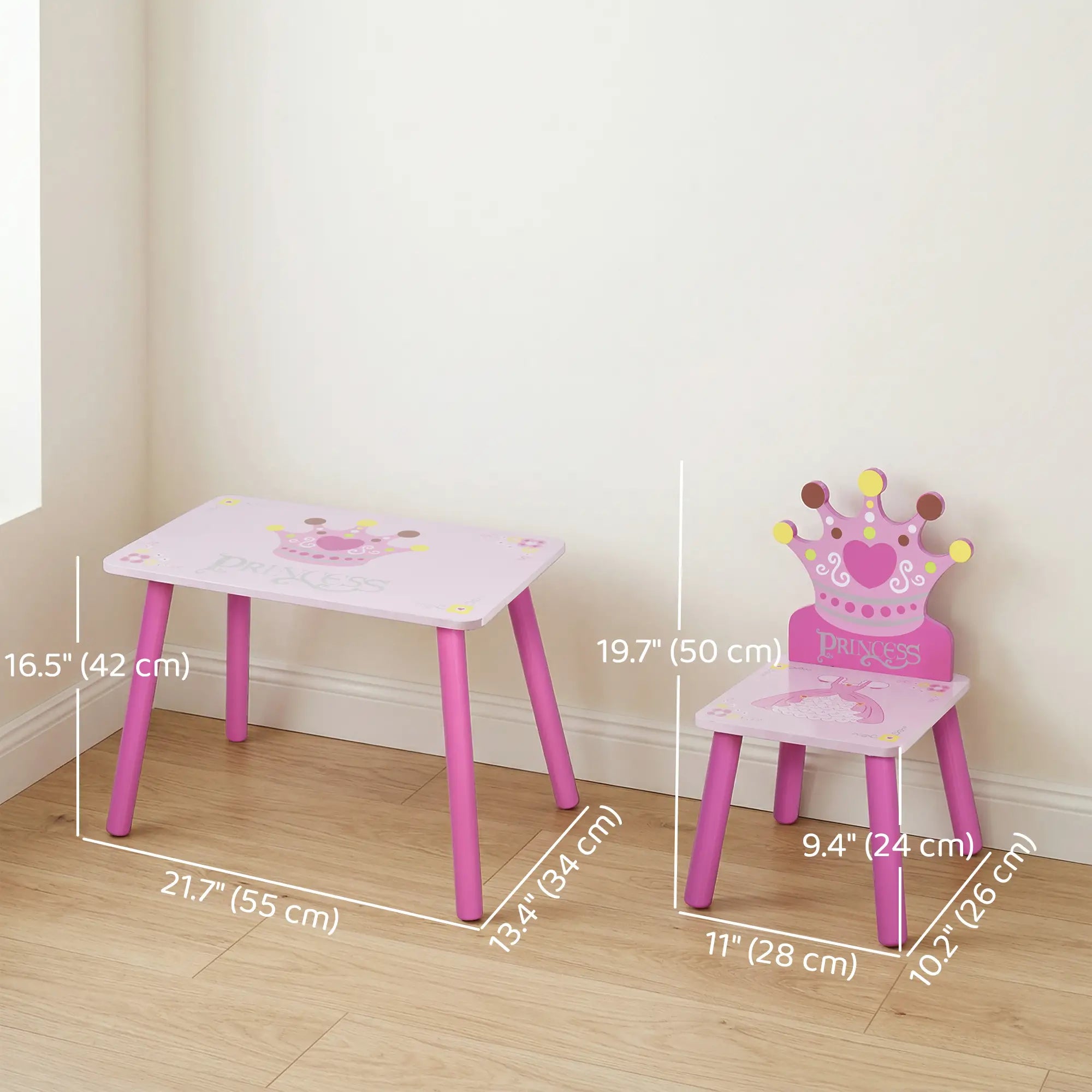 Kids Wooden Table Chair Set, Crown Pattern, Easy Clean, Age 2-4, Pink Kids Table Sets at Gallery Canada