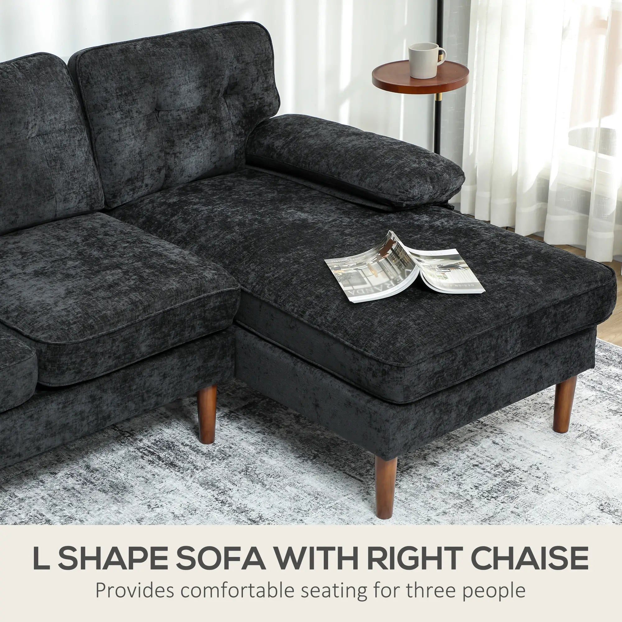 Modern Corner Couch, Right Chaise Lounge, Tufted 3-Seater Sofa, Wooden Legs, Black 3-Seater Sofas at Gallery Canada